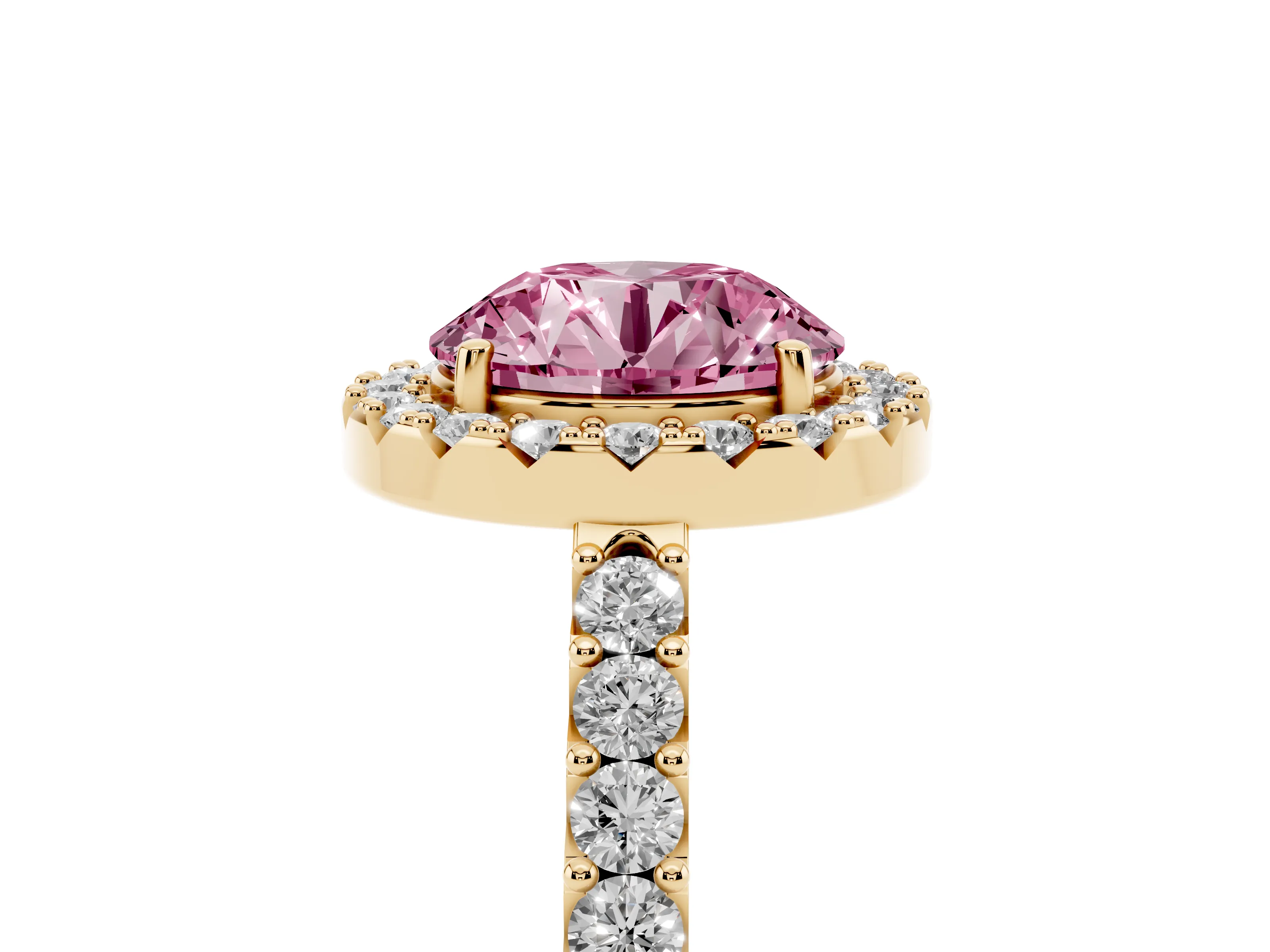Fancy Pink Round Cut Diamond Halo Pavé Solitaire Ring Set in Yellow gold with Prong-Set Center Stone