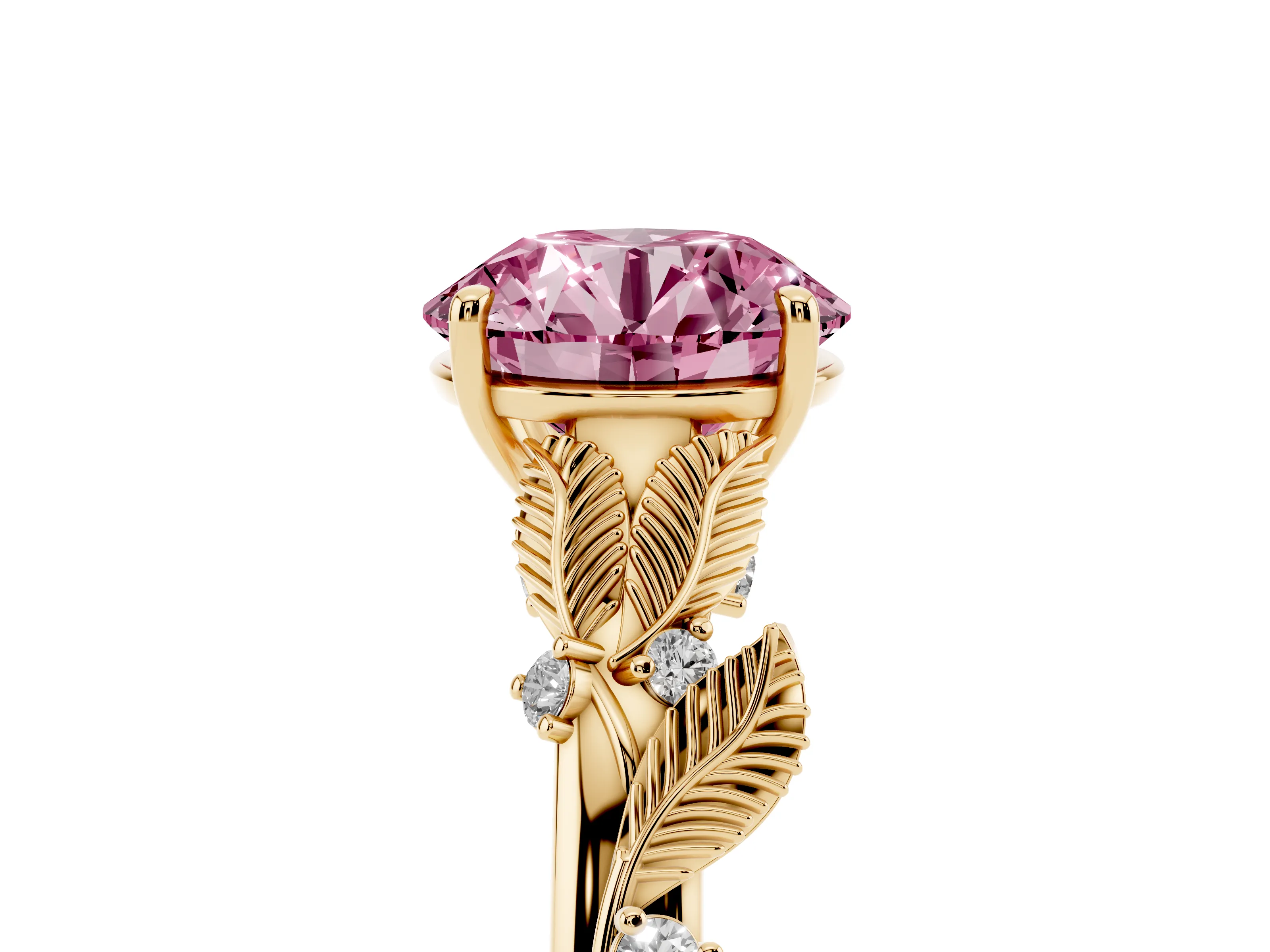 Fancy Pink Round Cut Diamond Solitaire Ring Set in Yellow gold with Leaf Motif Band