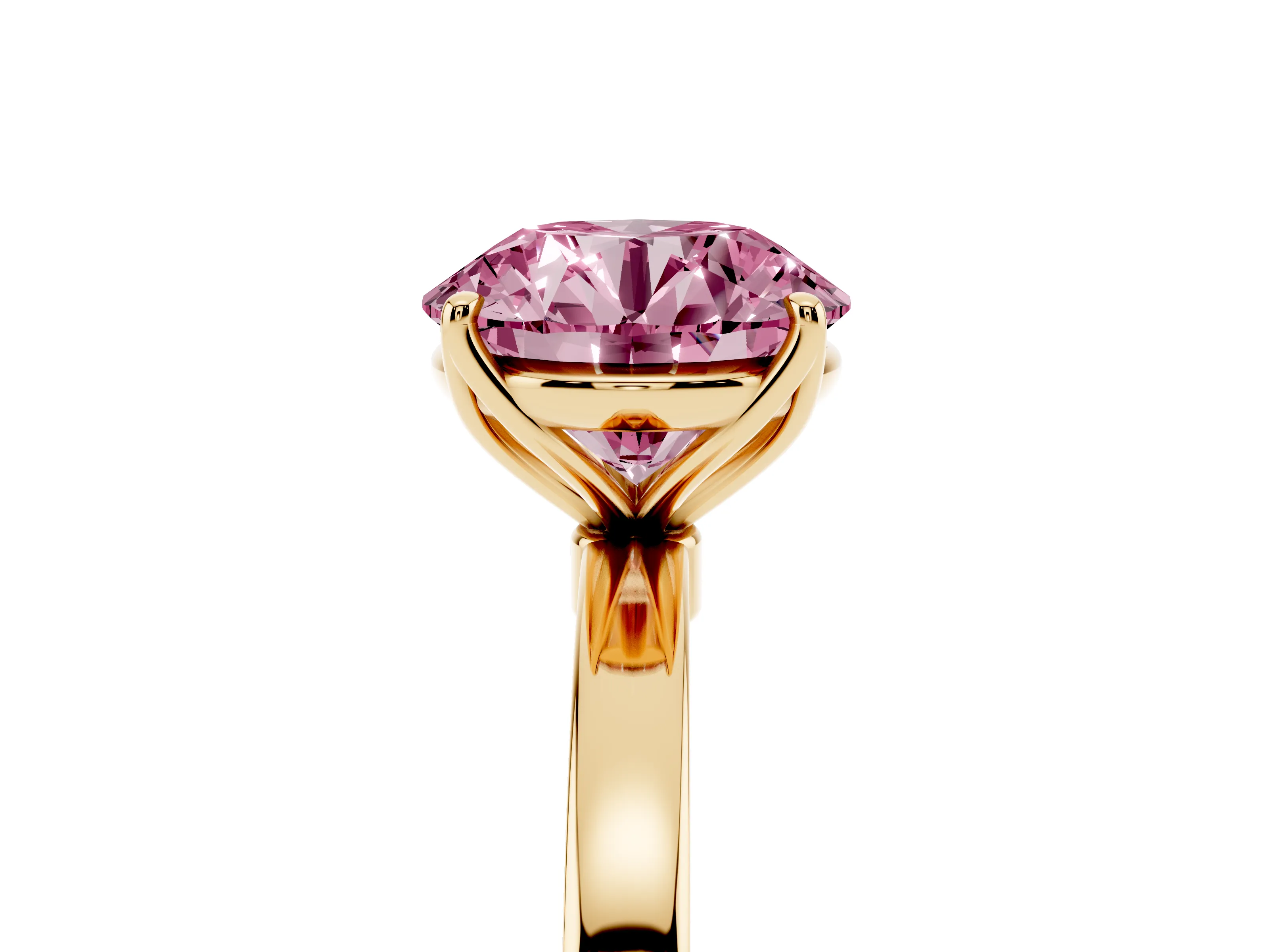 Fancy Pink Round Cut Diamond Solitaire Ring Set in Yellow gold with Prong Setting and Thin Polished Band
