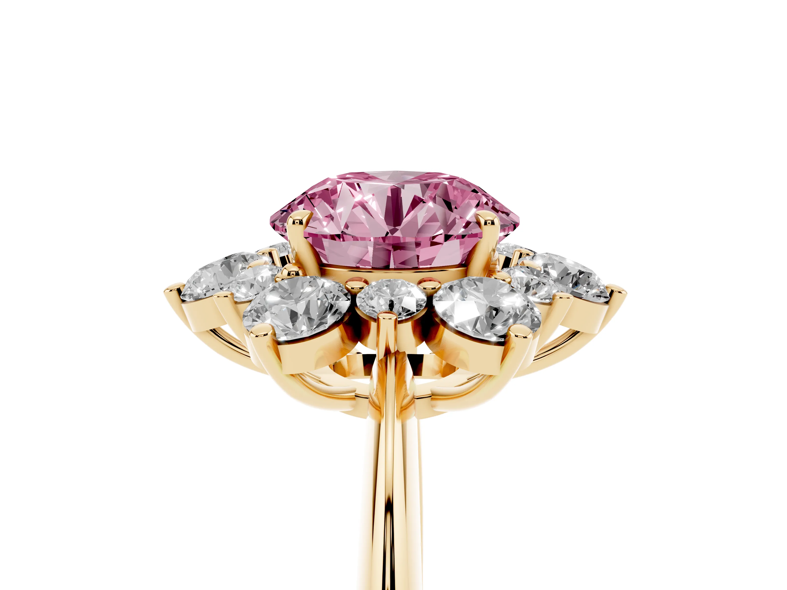 Fancy Pink Round Cut Diamond Cluster Halo Ring Set in Yellow gold with Solitaire Band and Prong Setting