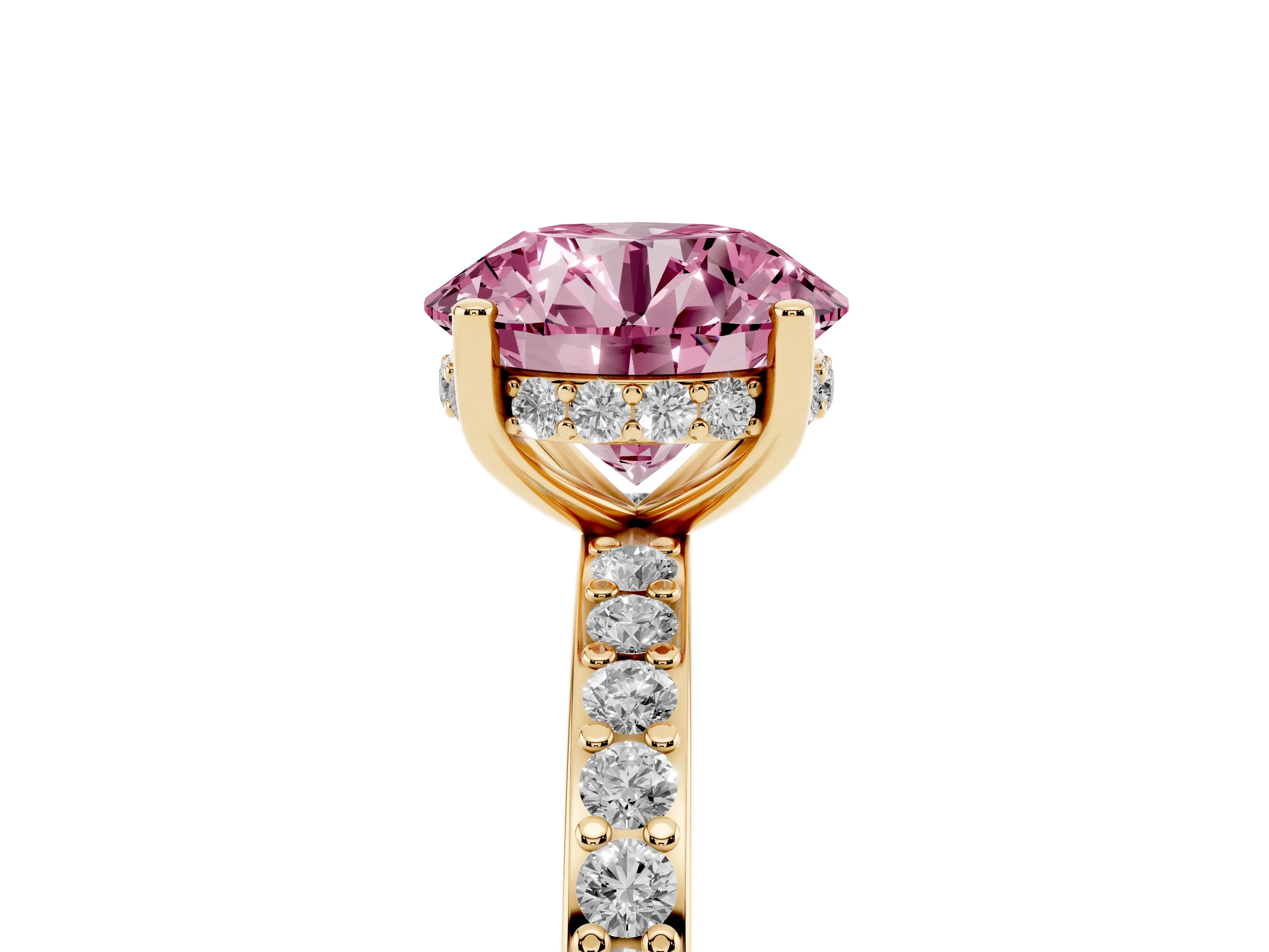 Fancy Pink Round Cut Diamond Pavé Band Ring Set in Yellow gold with Prong-Set Center Stone