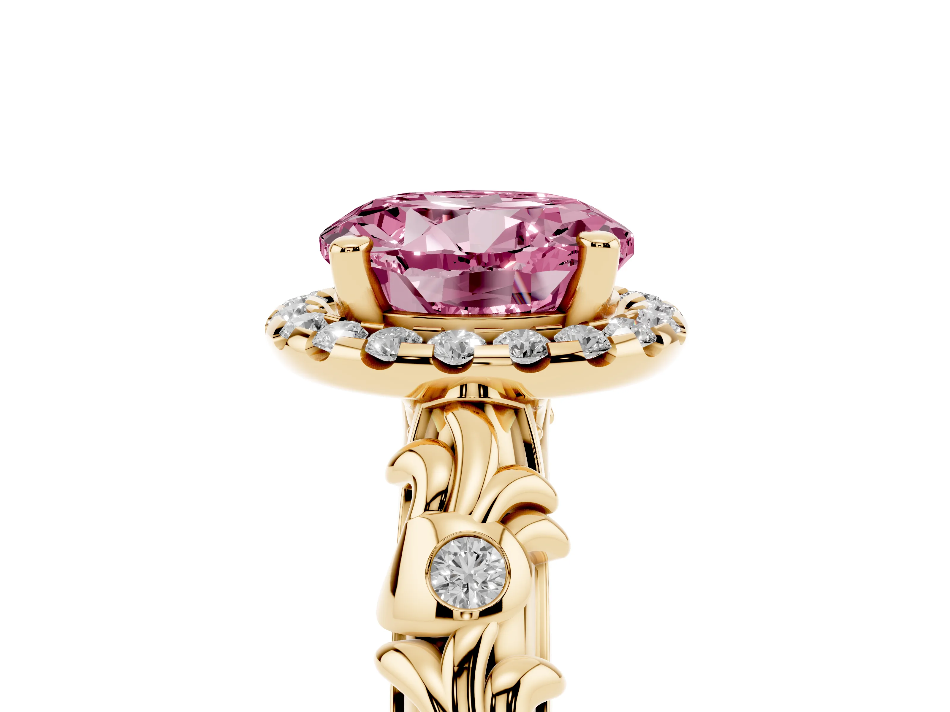 Fancy Pink Round Cut Diamond Halo Ring Set in Yellow gold with Filigree Leaf Band and Prong Setting