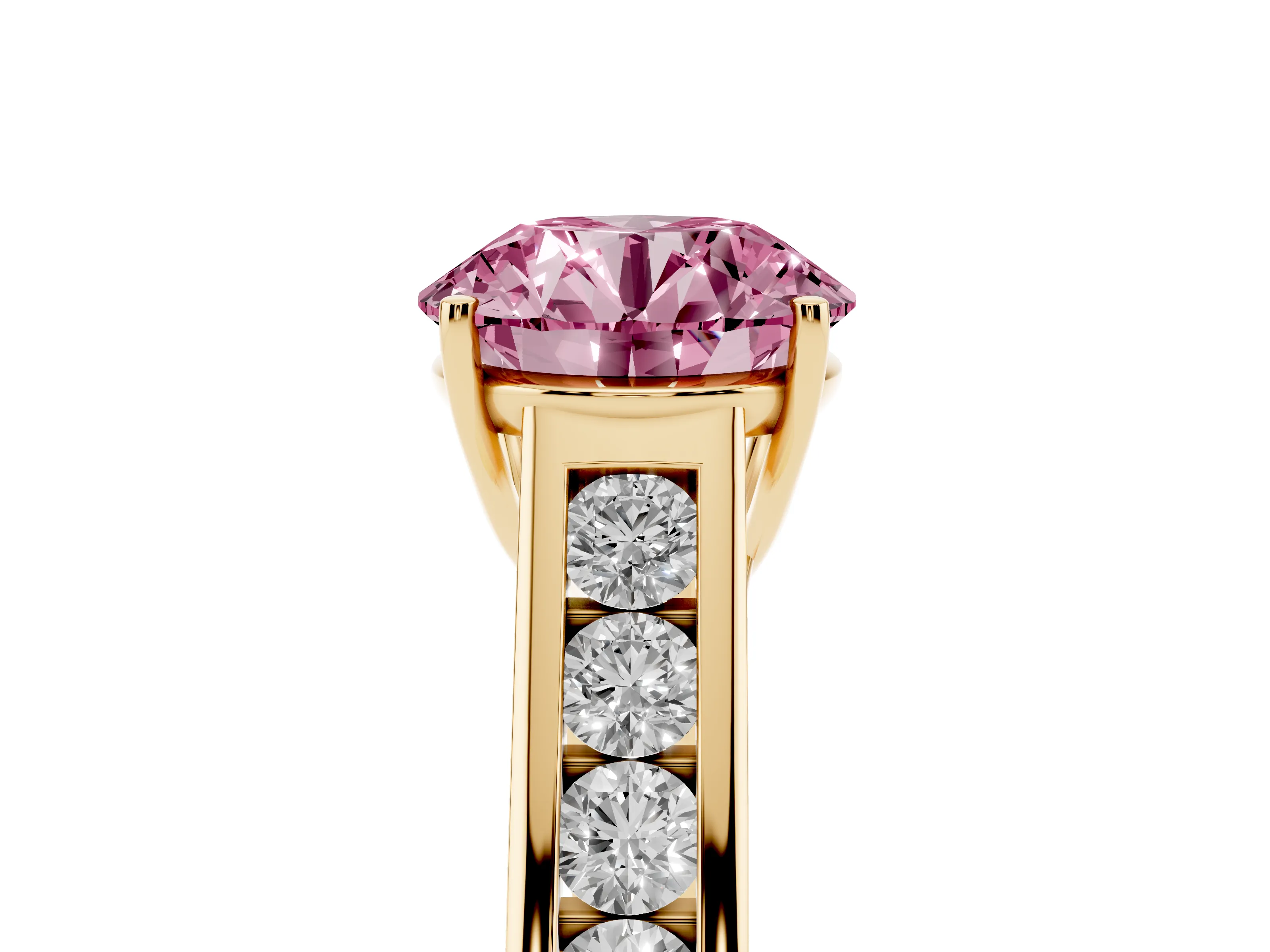 Fancy Pink Round Cut Diamond Solitaire Channel-Set Engagement Ring Set in Yellow gold with Prong Setting
