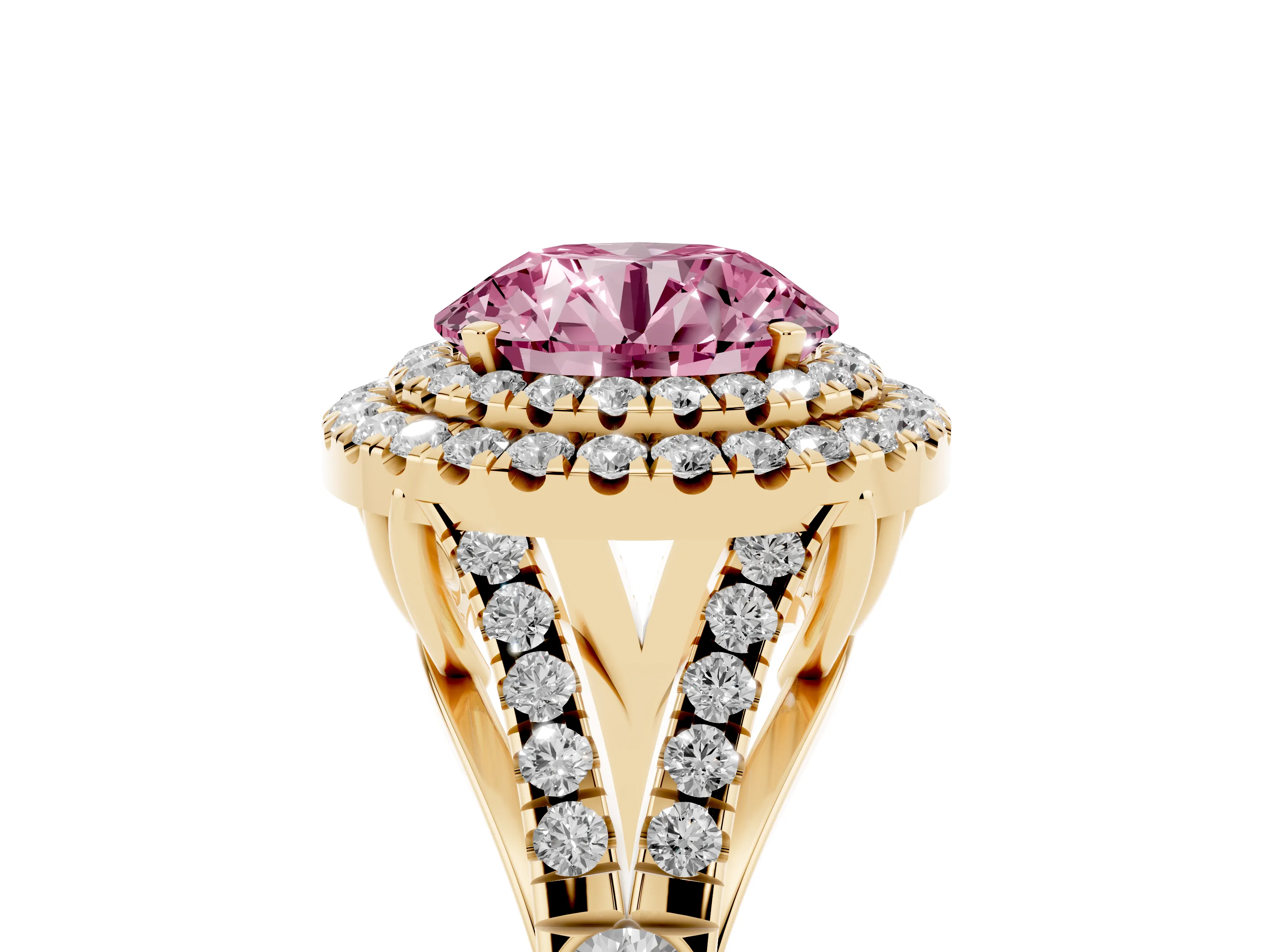 Fancy Pink Round Cut Diamond Pavé Split Shank Double Halo Engagement Ring Set in Yellow gold