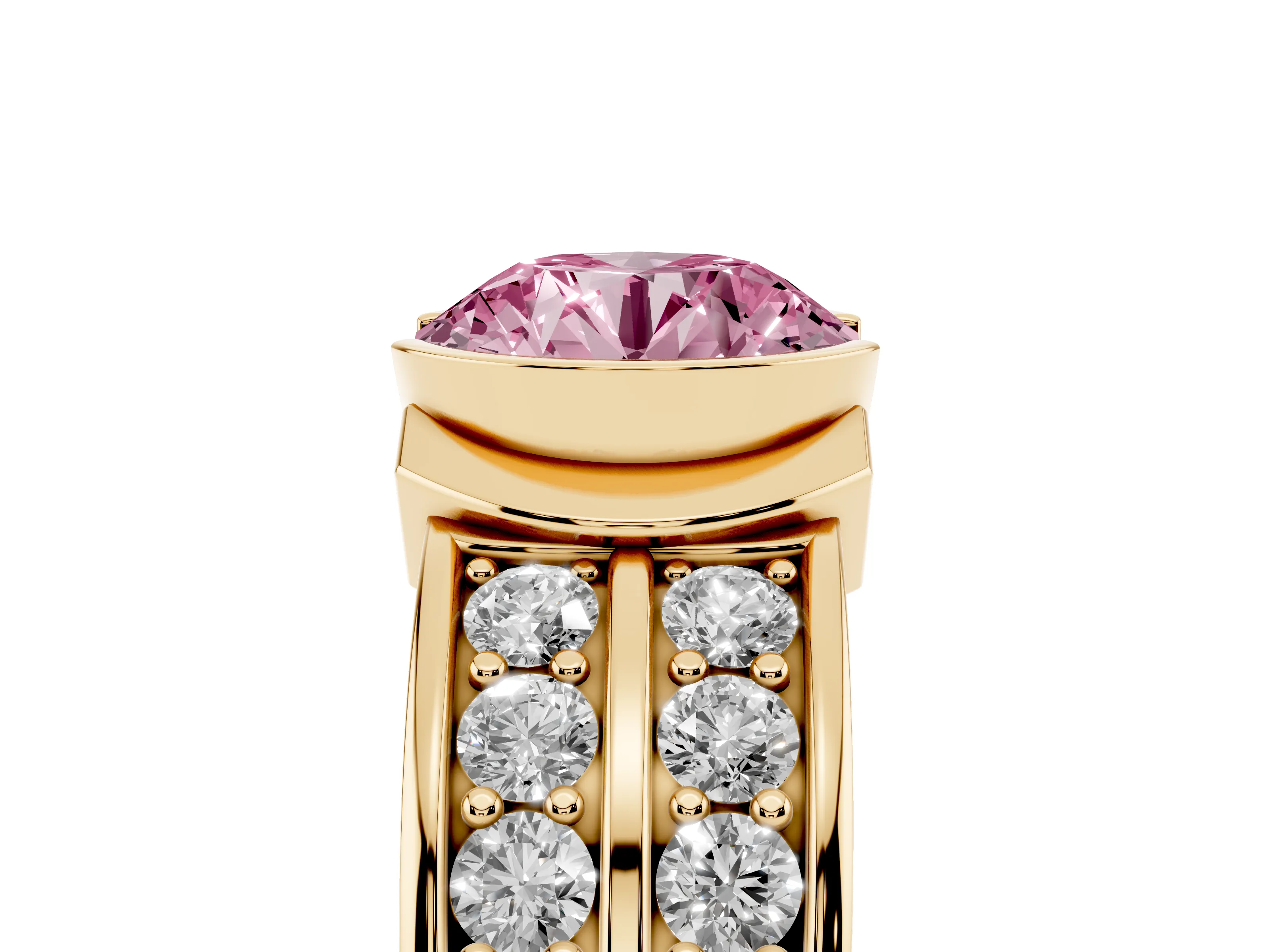 Fancy Pink Round Cut Diamond Wide Channel Set Band Ring Set in Yellow gold with Bezel Setting