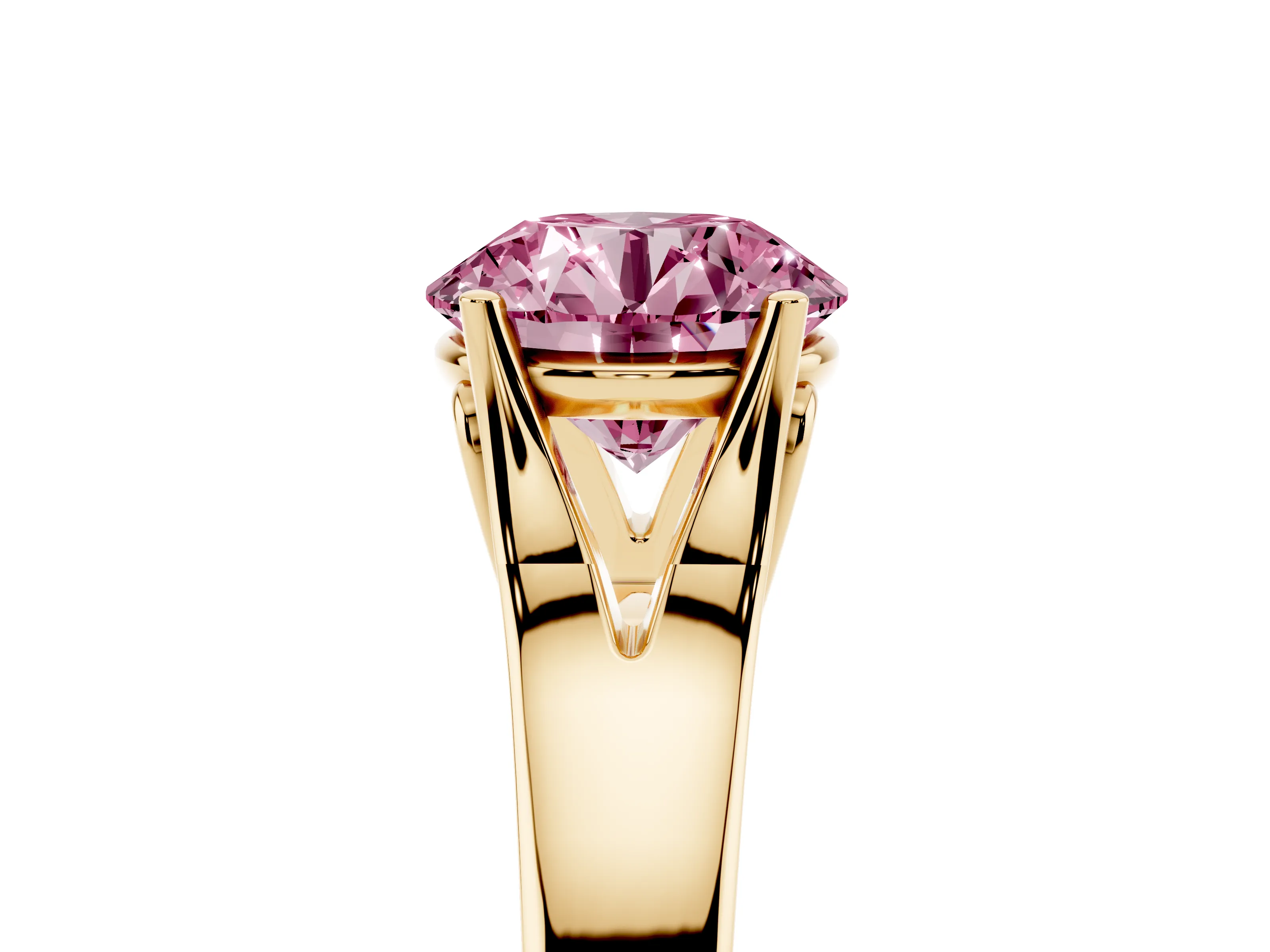 Fancy Pink Round Cut Diamond Solitaire Ring Set in Yellow gold with Arched Cathedral Band and Prong Setting