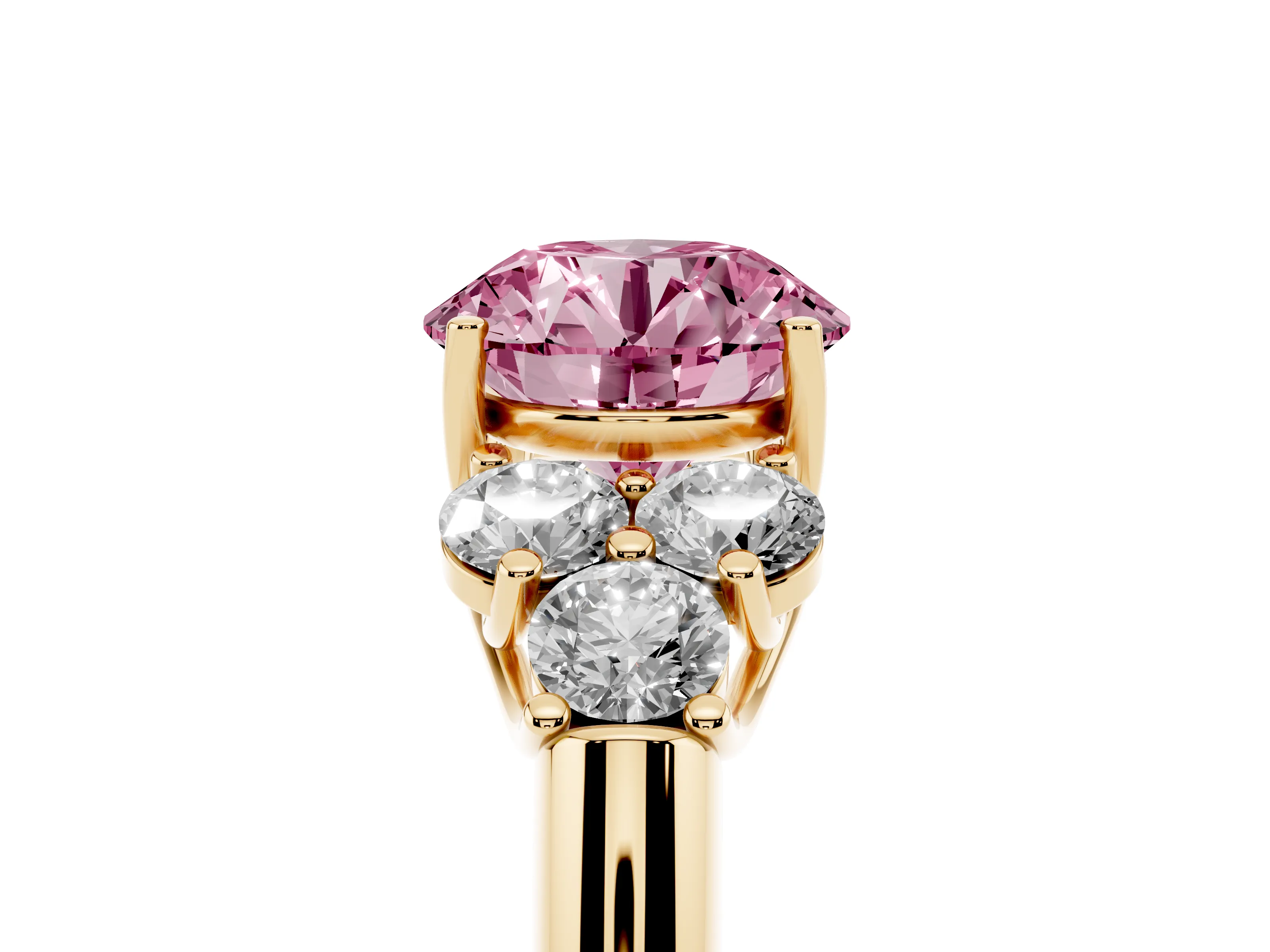 Fancy Pink Round Cut Diamond Cluster Ring Set in Yellow gold with Round Accent Stones and Prong Setting on a Plain Band