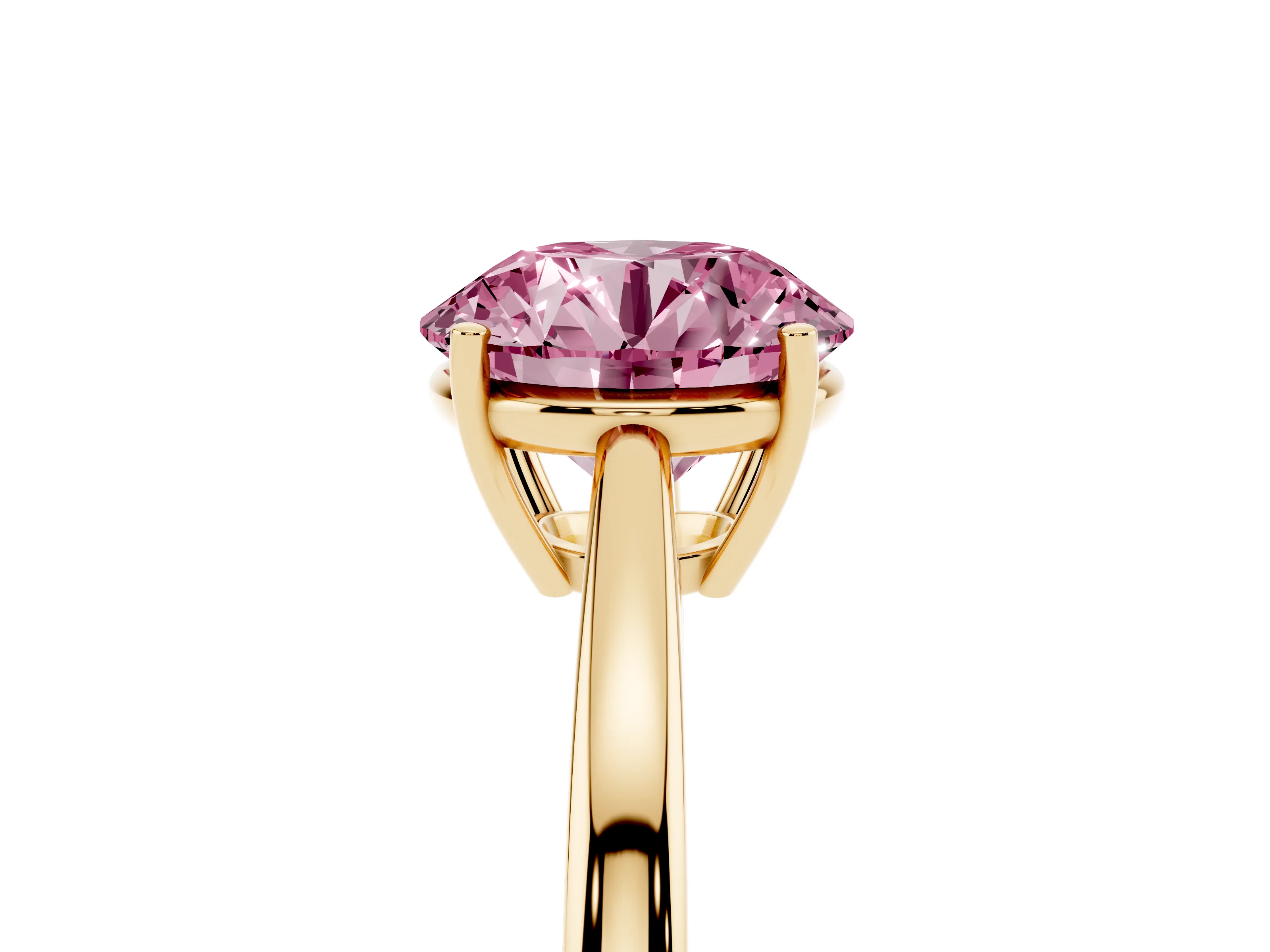 Fancy Pink Round Cut Diamond Solitaire Ring Set in Yellow gold with Split Shank and Prong Setting
