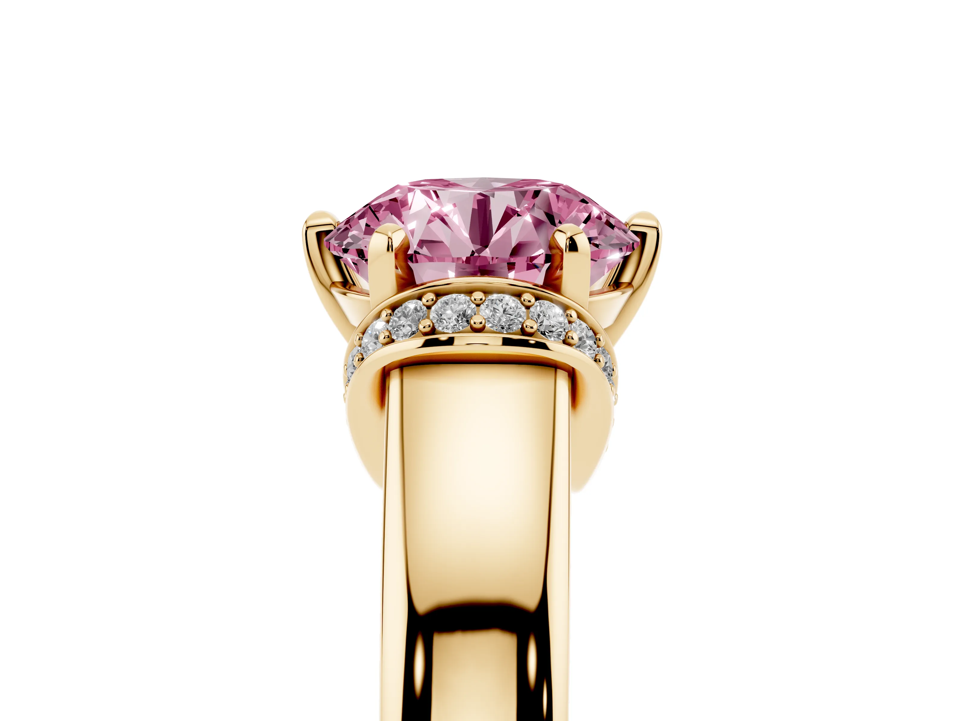Fancy Pink Round Cut Diamond Pavé Band Solitaire Ring Set in Yellow gold with Prong Setting