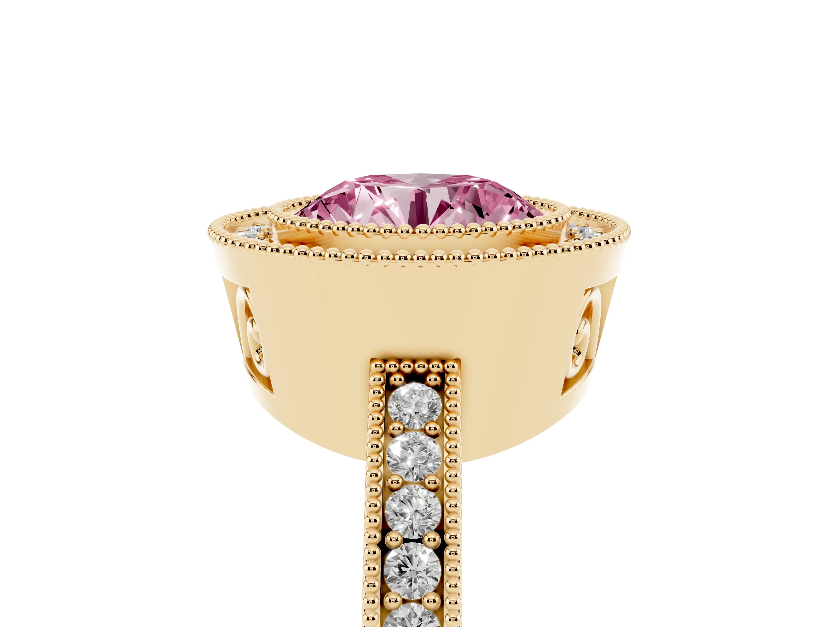 Fancy Pink Round Cut Diamond Round Halo Ring Set in Yellow gold with Pavé Band
