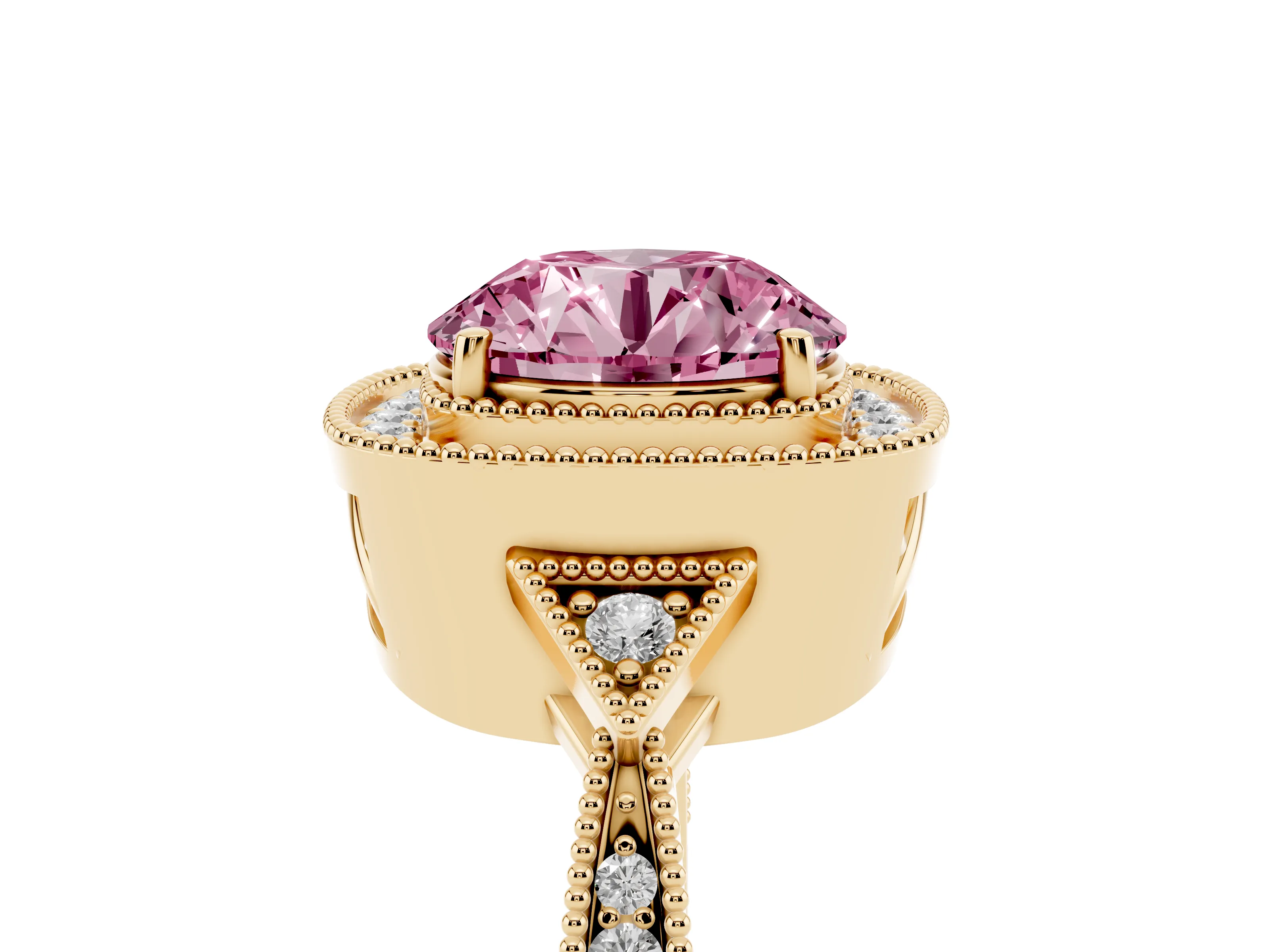 Fancy Pink Round Cut Diamond Halo Engagement Ring Set in Yellow gold with Milgrain Pavé Band