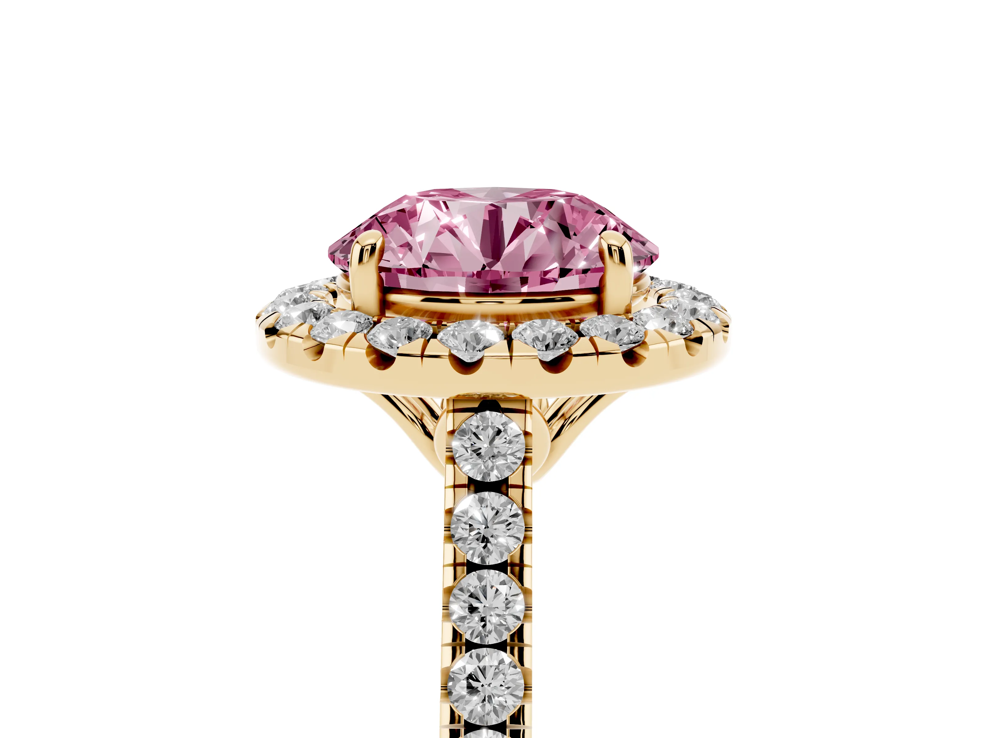 Fancy Pink Round Cut Diamond Pavé Halo Engagement Ring Set in Yellow gold with Pavé Band and Prong Setting