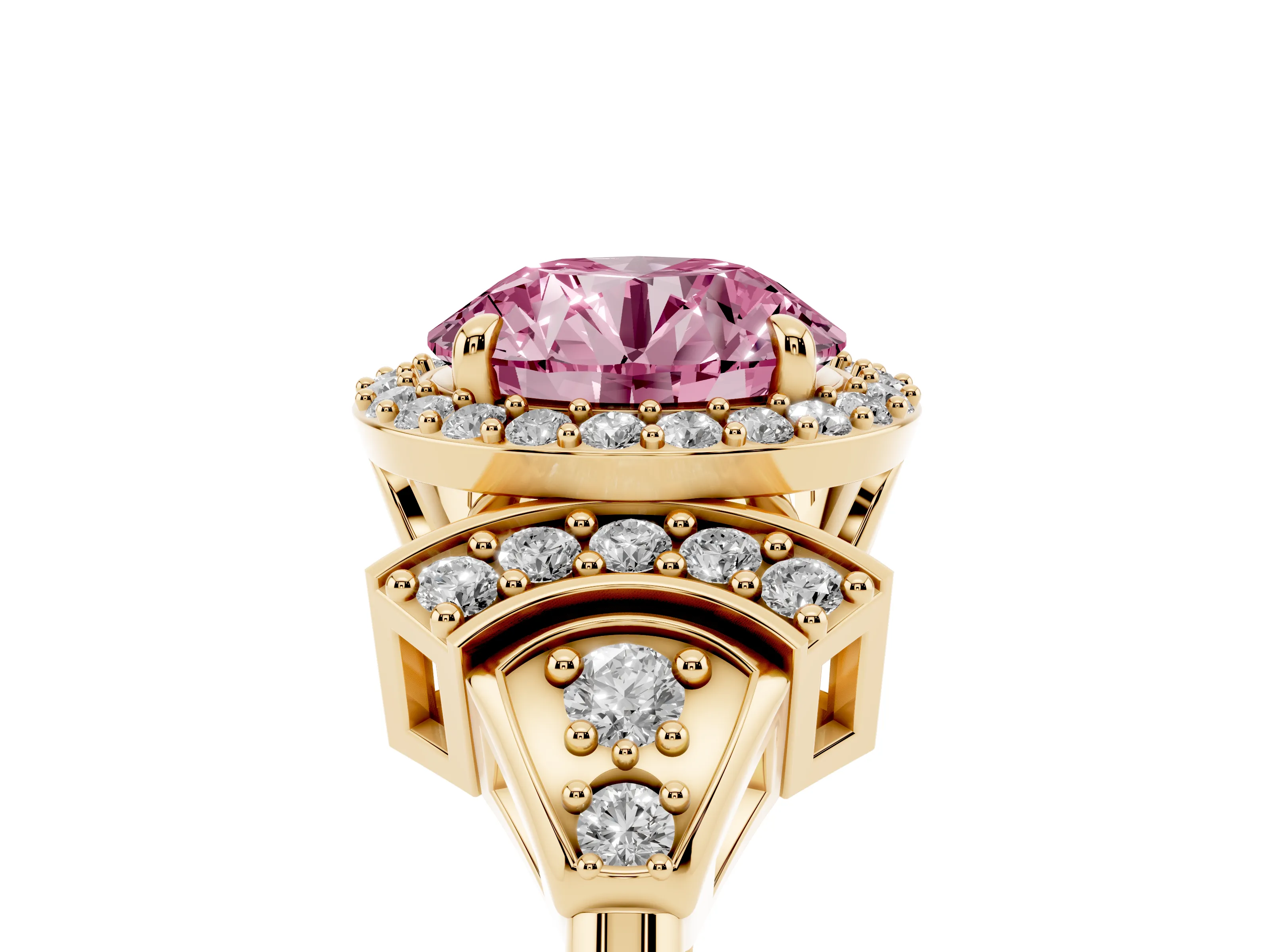 Fancy Pink Round Cut Diamond Halo Engagement Ring Set in Yellow gold with Accent Stone Split Shank