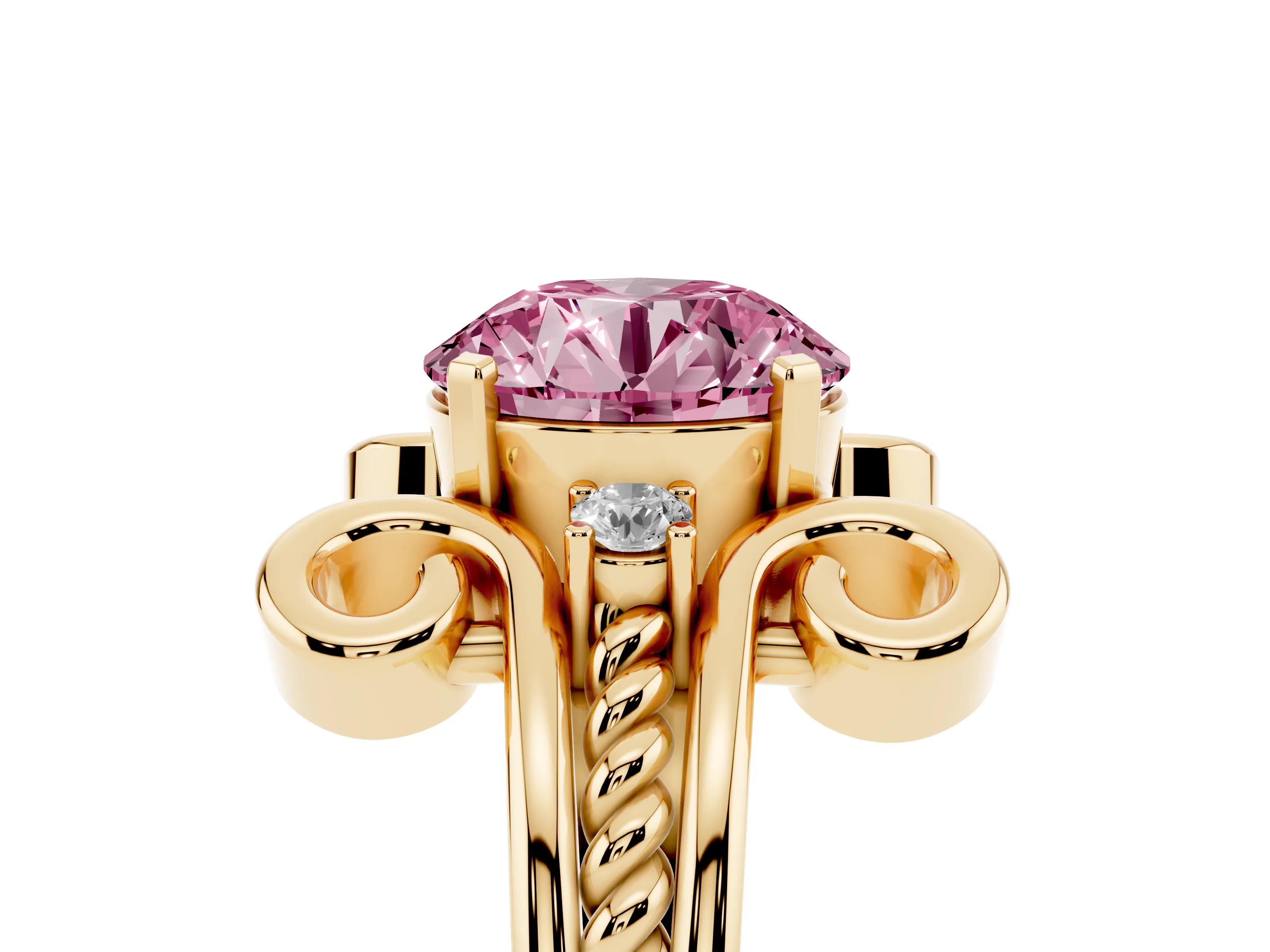 Fancy Pink Round Cut Diamond Twisted Band Solitaire Ring Set in Yellow gold with Scroll Prongs