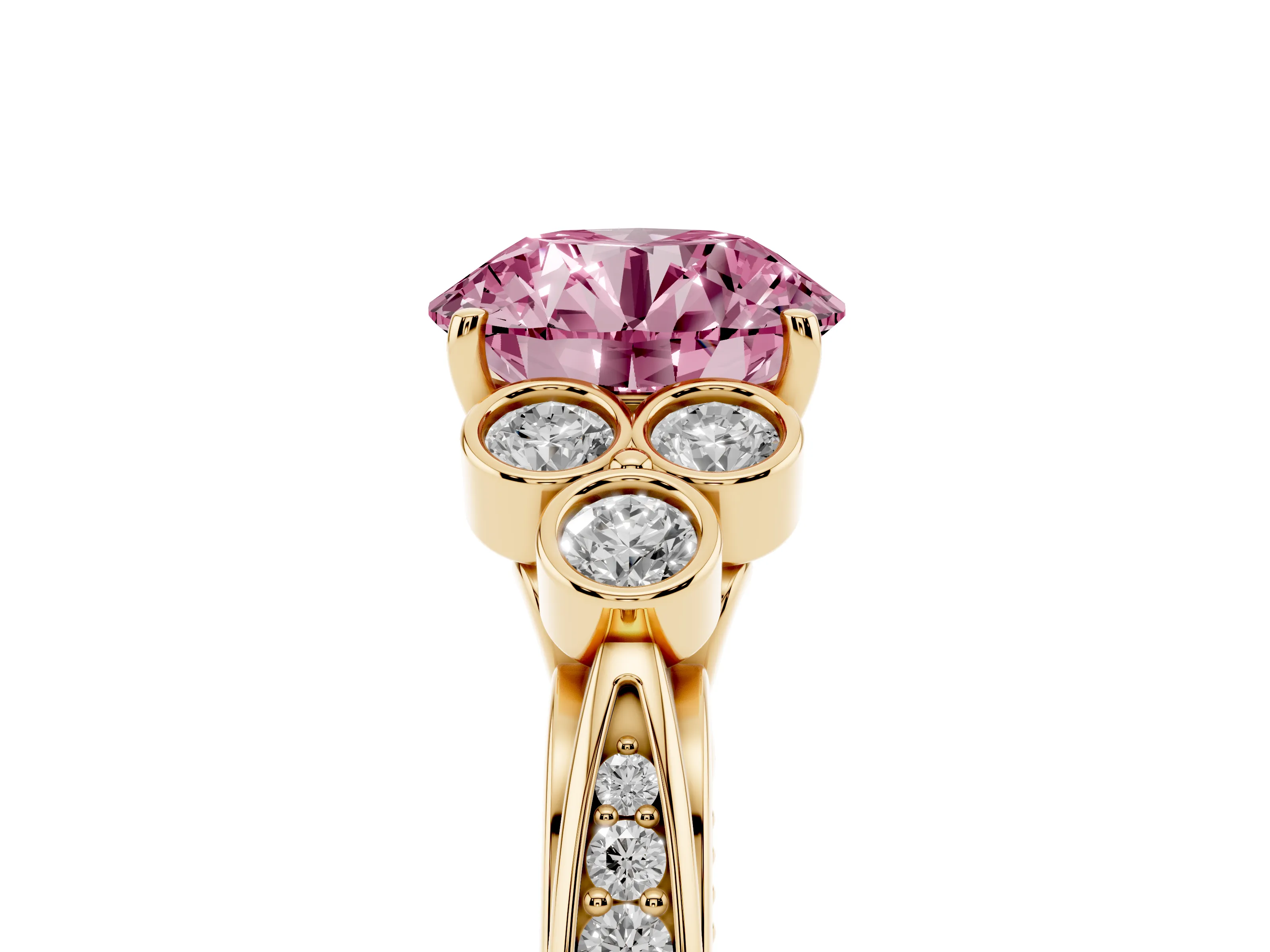 Fancy Pink Round Cut Diamond Engagement Ring Set in Yellow gold with Bezel Set Round Side Stones and Prong Setting