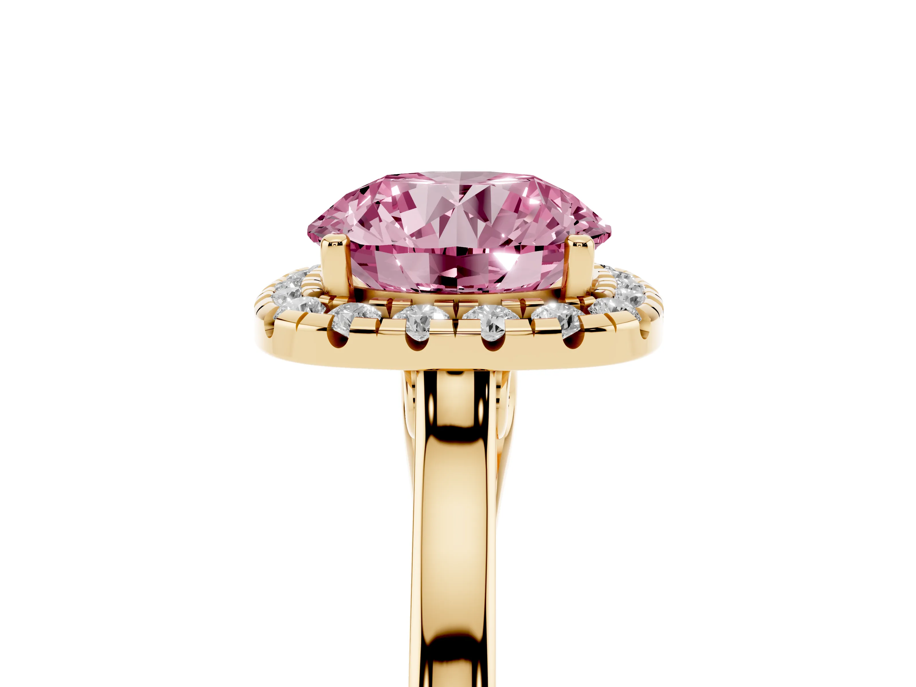 Fancy Pink Round Cut Halo Round Diamond Solitaire Ring Set in Yellow gold with Pavé Band and Prong Setting