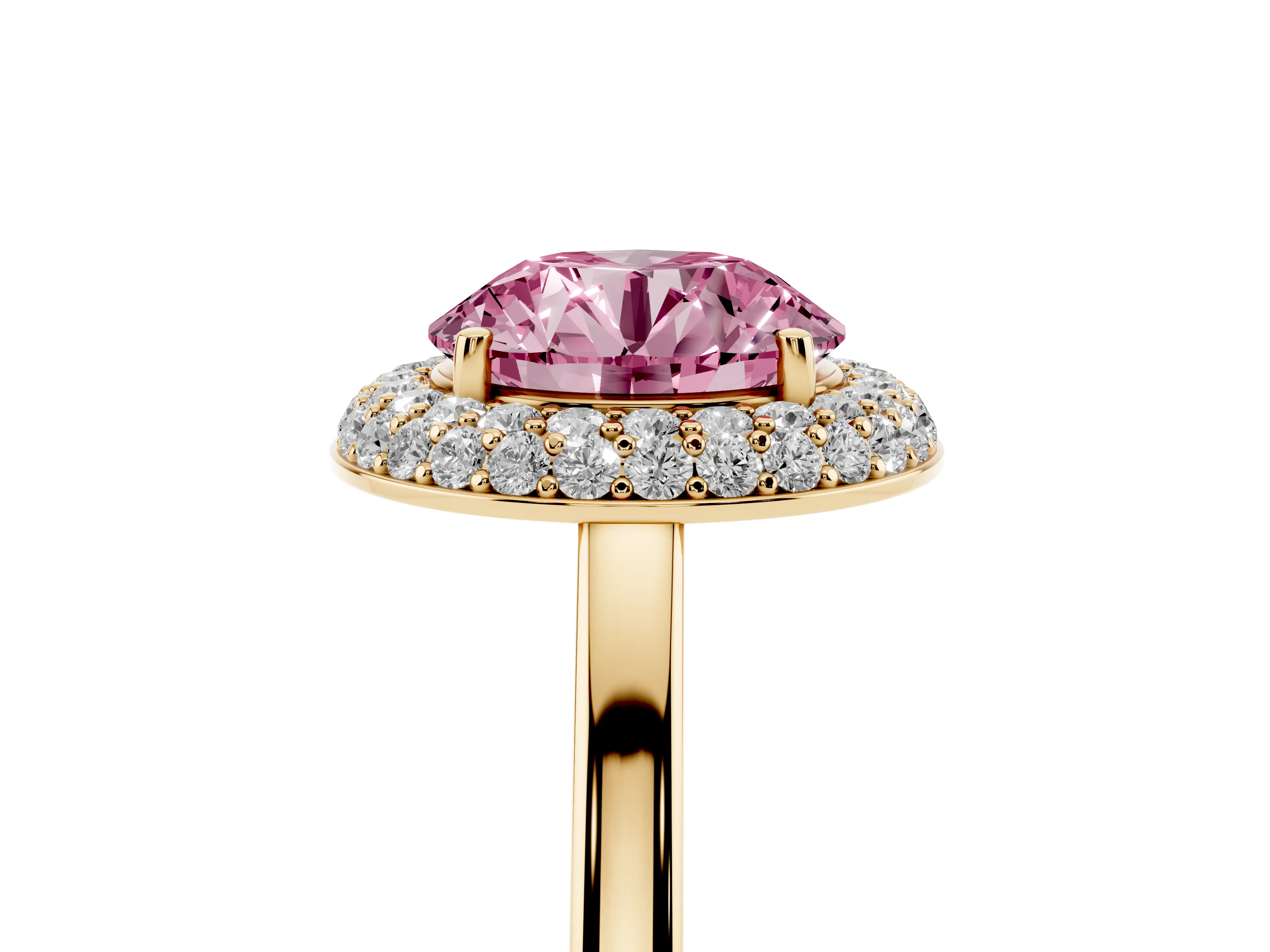 Fancy Pink Round Cut Diamond Halo Engagement Ring Set in Yellow gold with Solitaire Band and Prong Setting