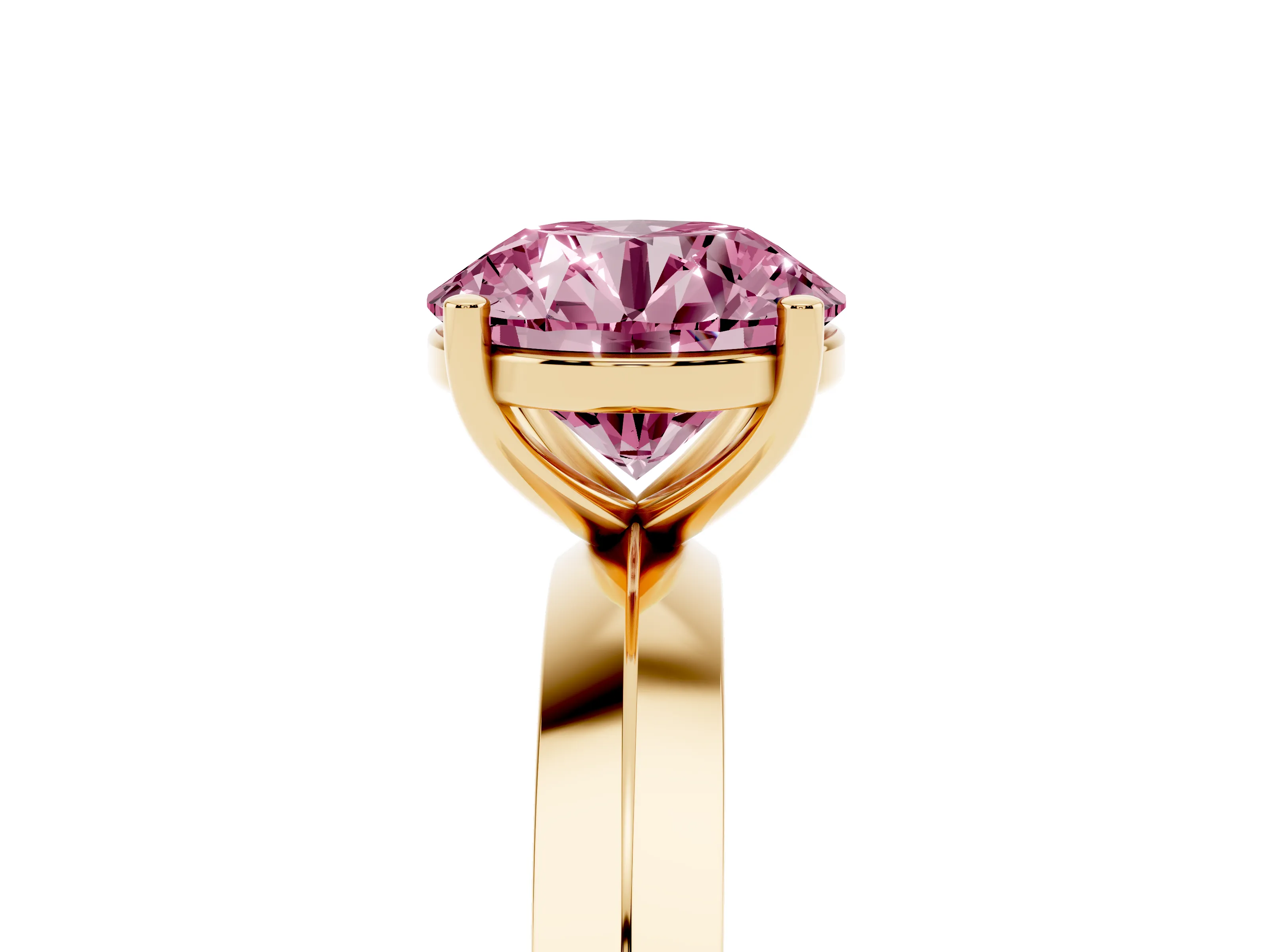 Fancy Pink Round Cut Diamond Solitaire Engagement Ring Set in Yellow gold with Flat Band and Prong Setting