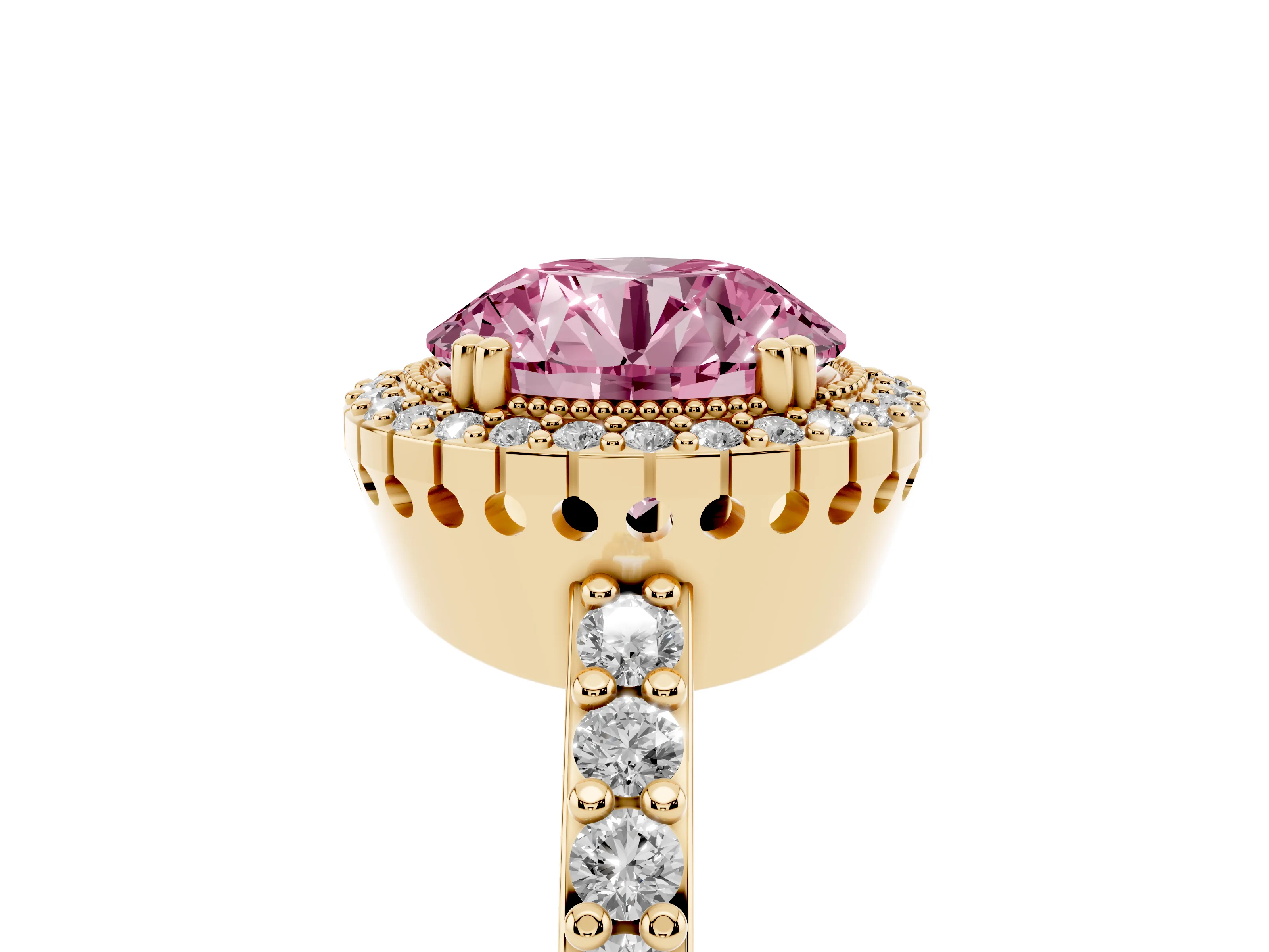 Fancy Pink Round Cut Diamond Halo Engagement Ring Set in Yellow gold with Milgrain Detail and Pavé Band