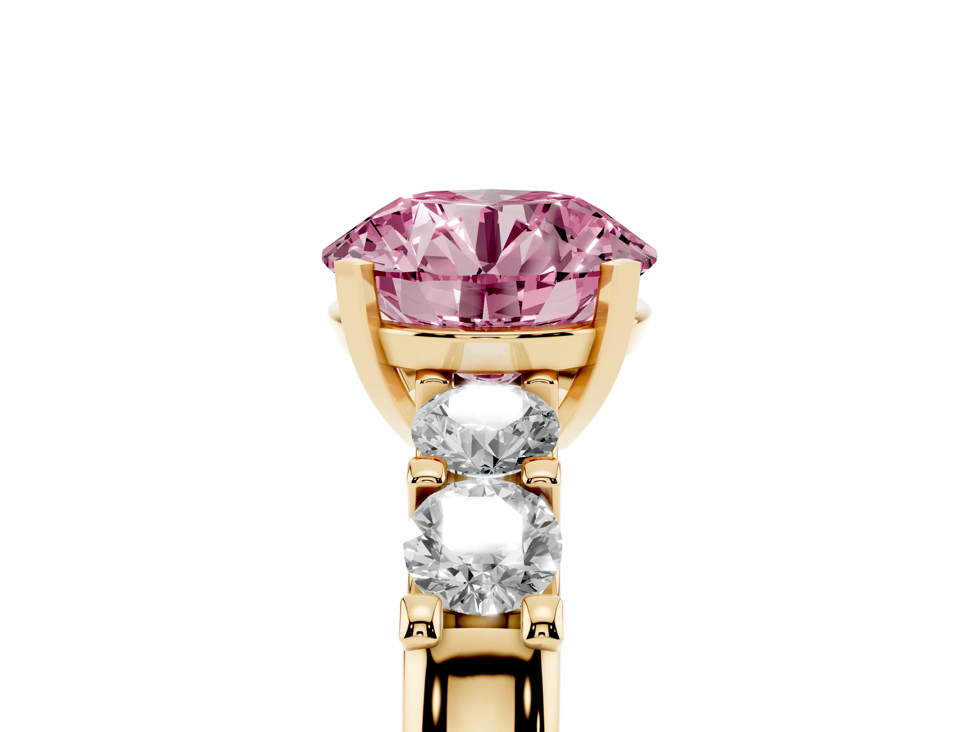 Fancy Pink Round Cut Diamond Five-Stone Prong Set Engagement Ring Set in Yellow gold with Channel Band