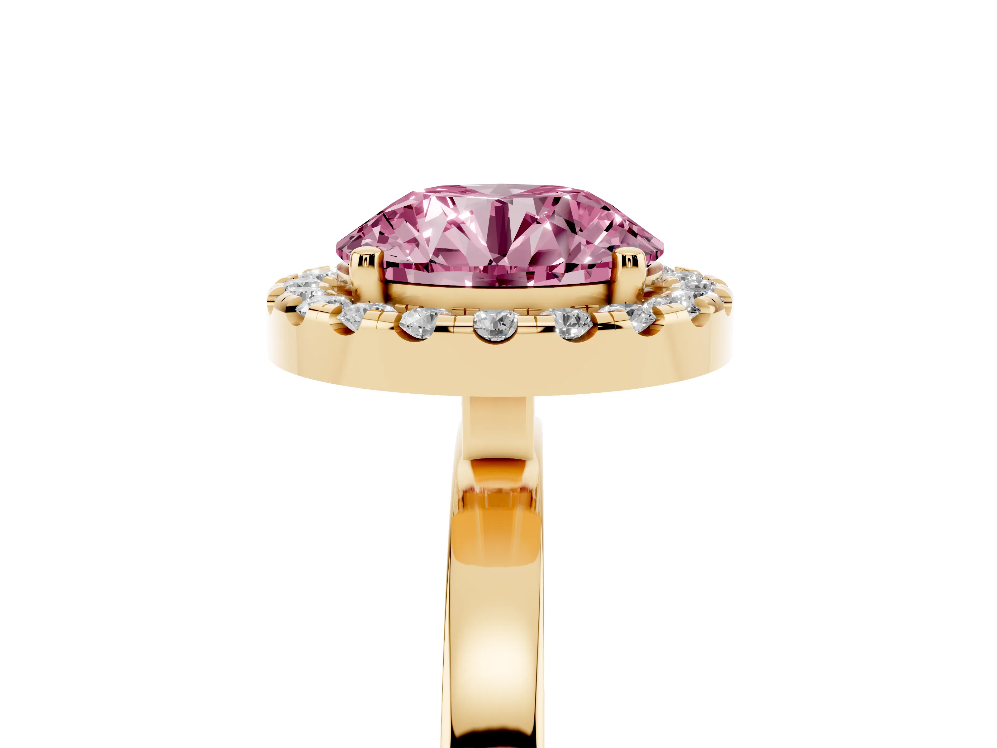 Fancy Pink Round Cut Diamond Halo Solitaire Ring Set in Yellow gold with Pavé Band and Prong Setting