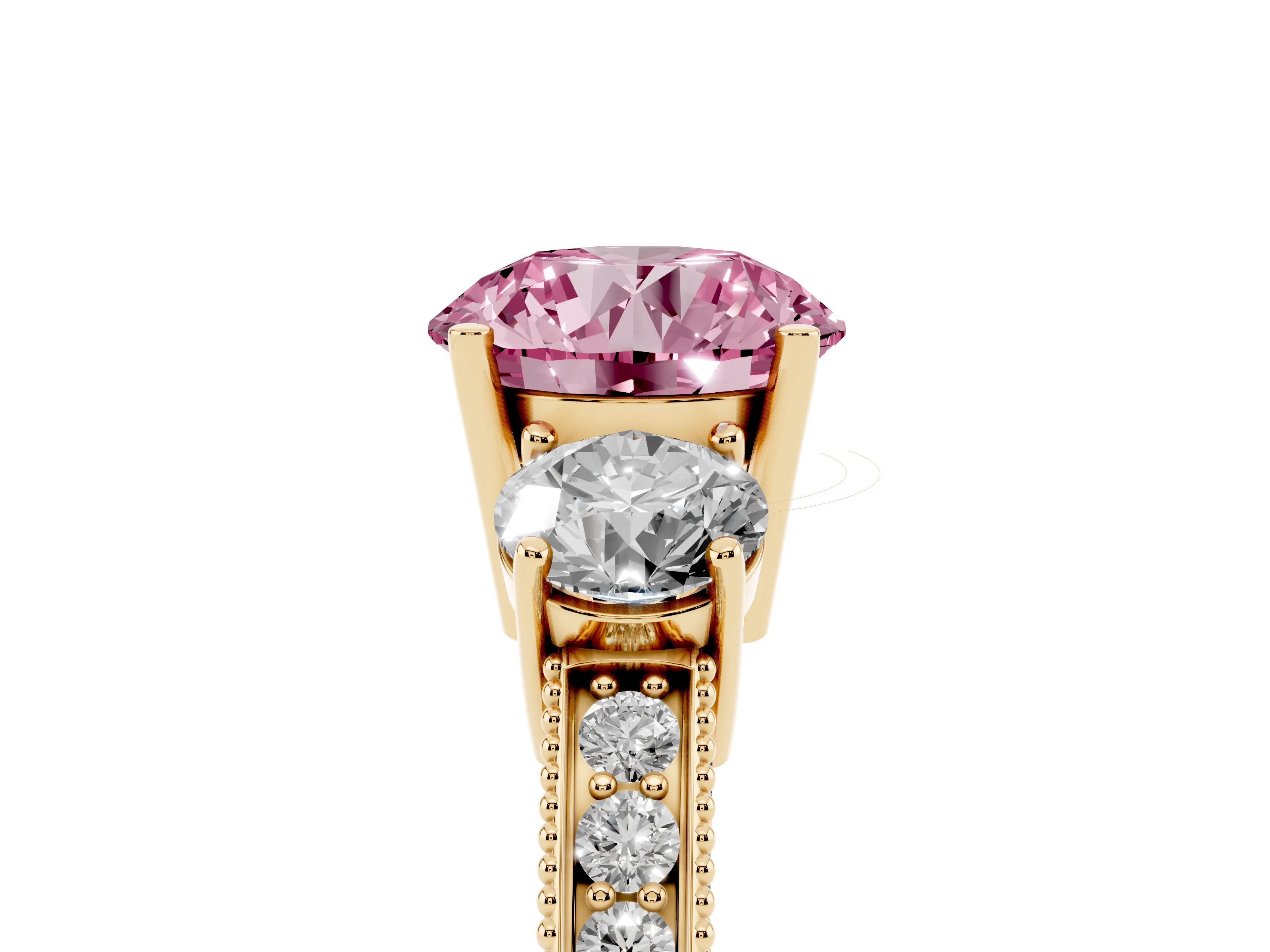 Fancy Pink Round Cut Diamond Three-Stone Ring Set in Yellow gold with Round Side Stones and Pavé Band