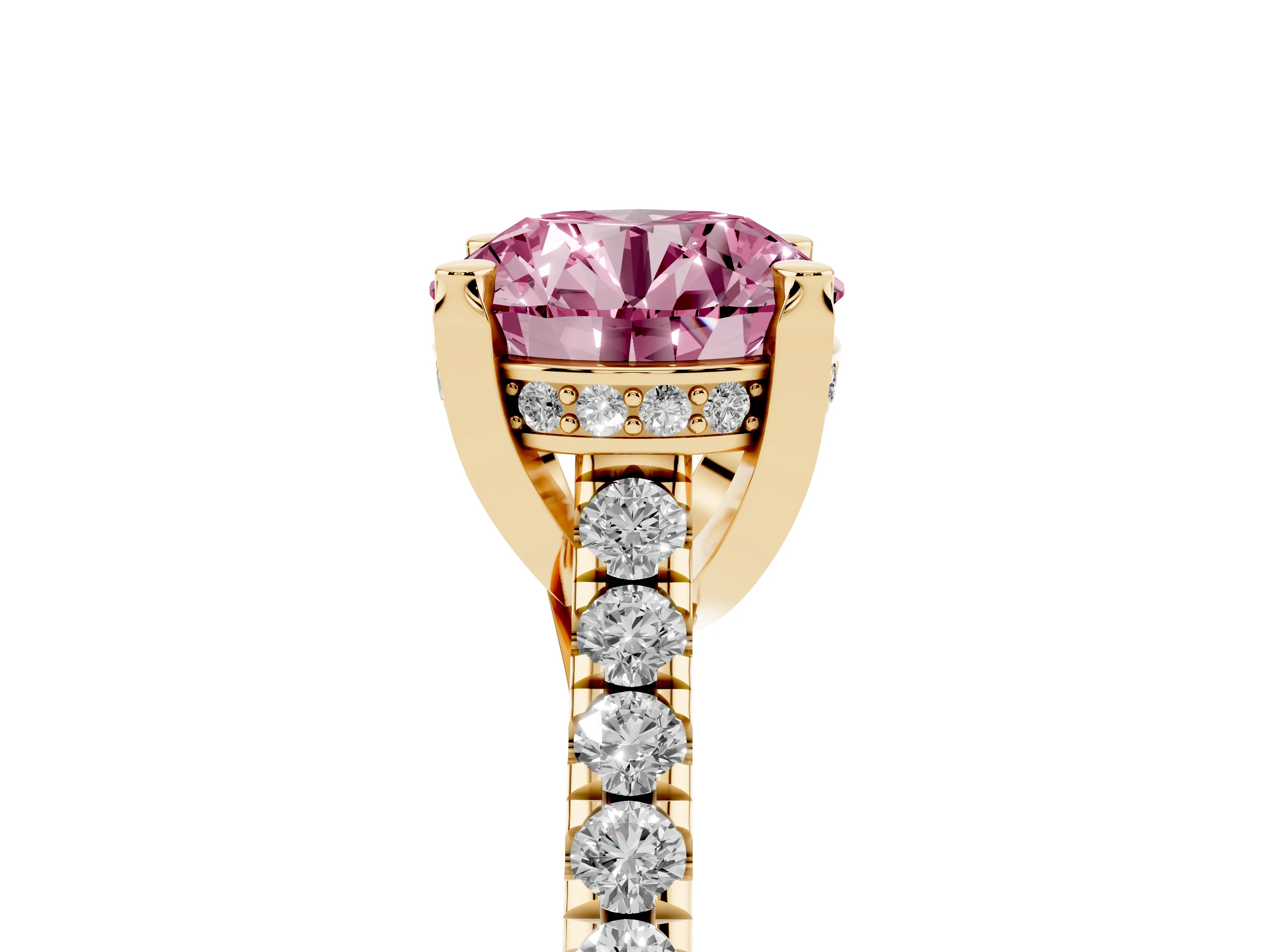 Fancy Pink Round Cut Diamond Solitaire Ring Set in Yellow gold with Brilliant Pavé Band and Prong Setting