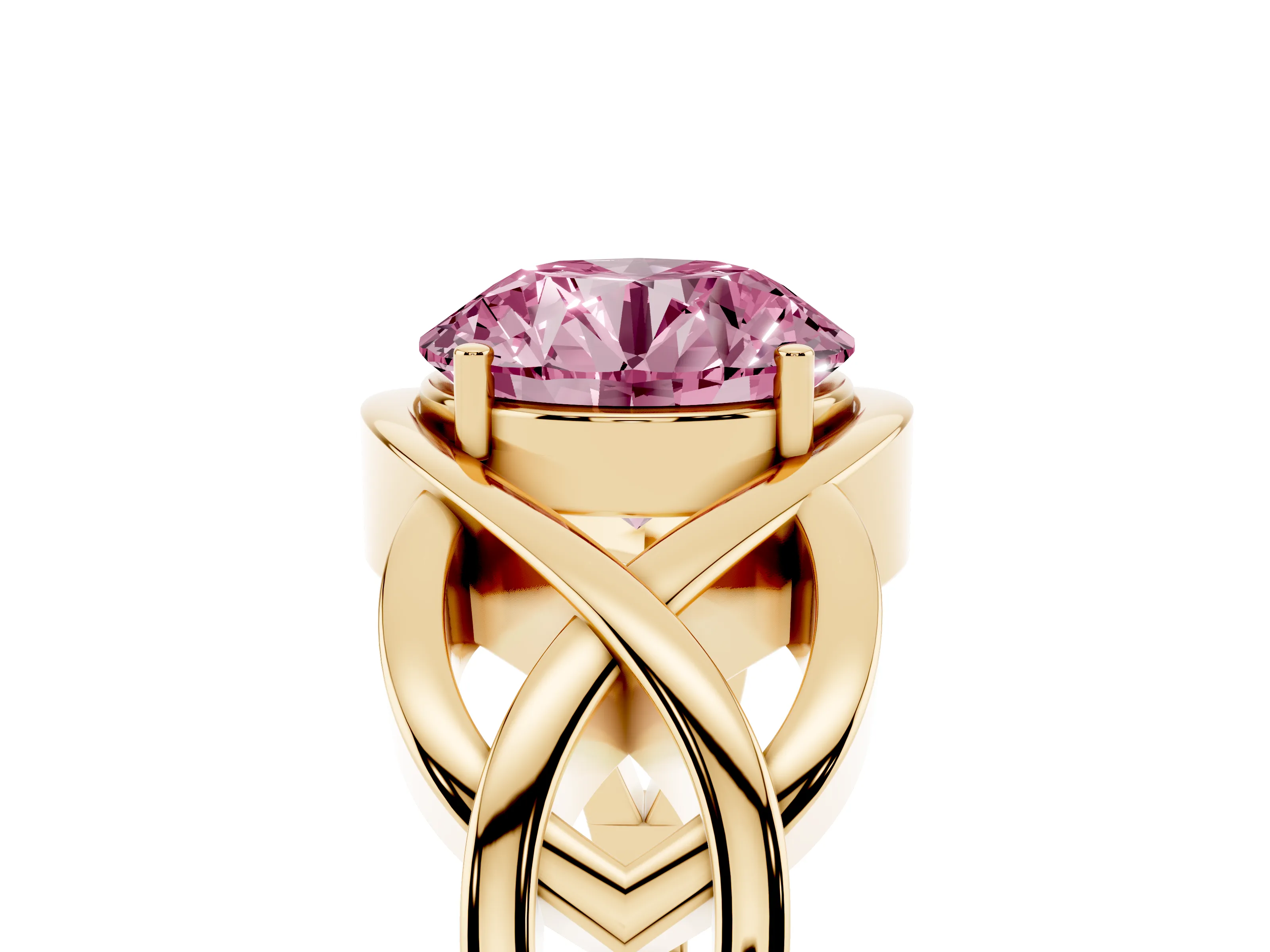Fancy Pink Round Cut Diamond Solitaire Ring Set in Yellow gold with Intertwined Band
