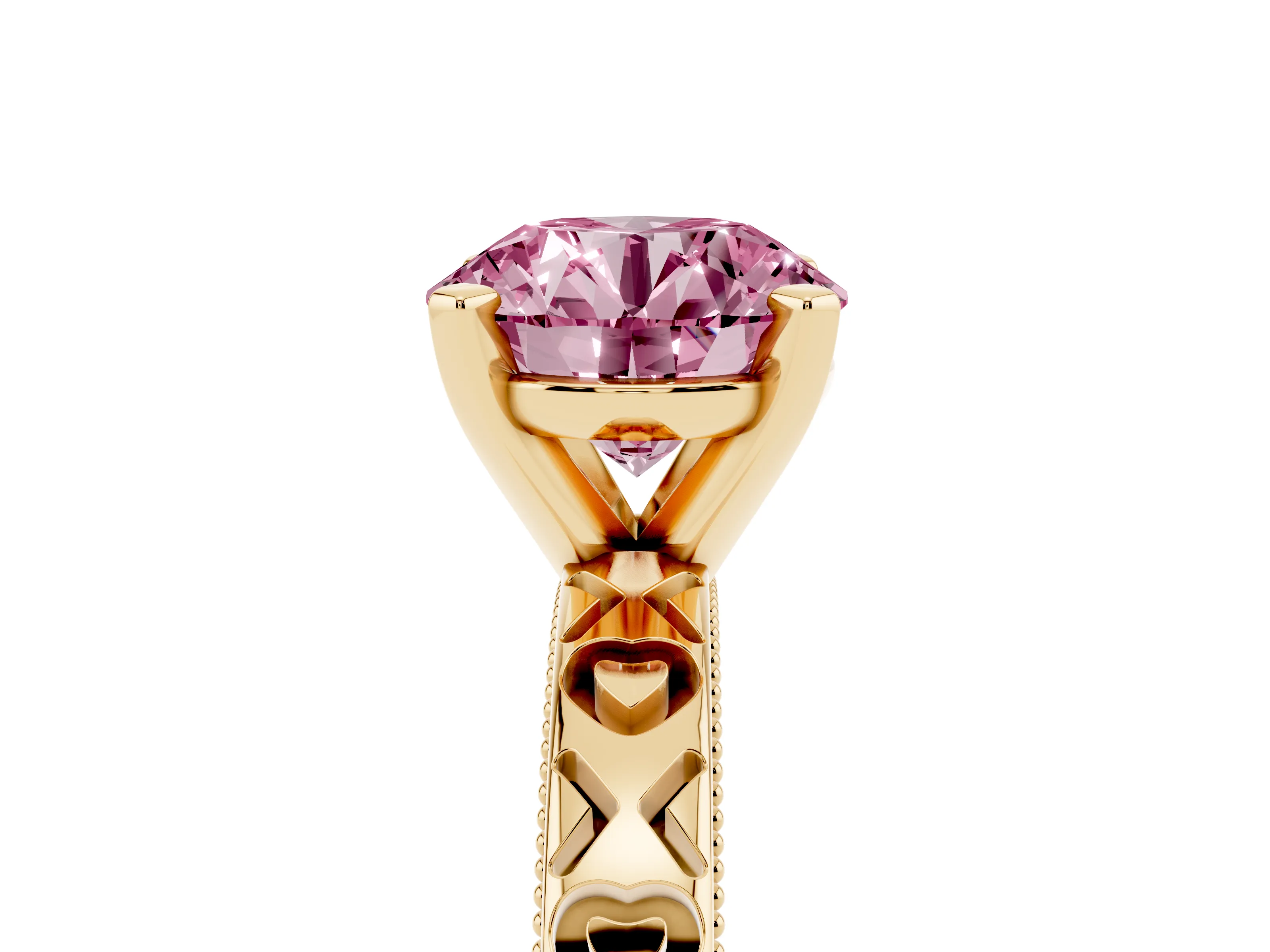 Fancy Pink Round Cut Diamond Solitaire Engagement Ring Set in Yellow gold with XO Engraved Band and Prong Setting