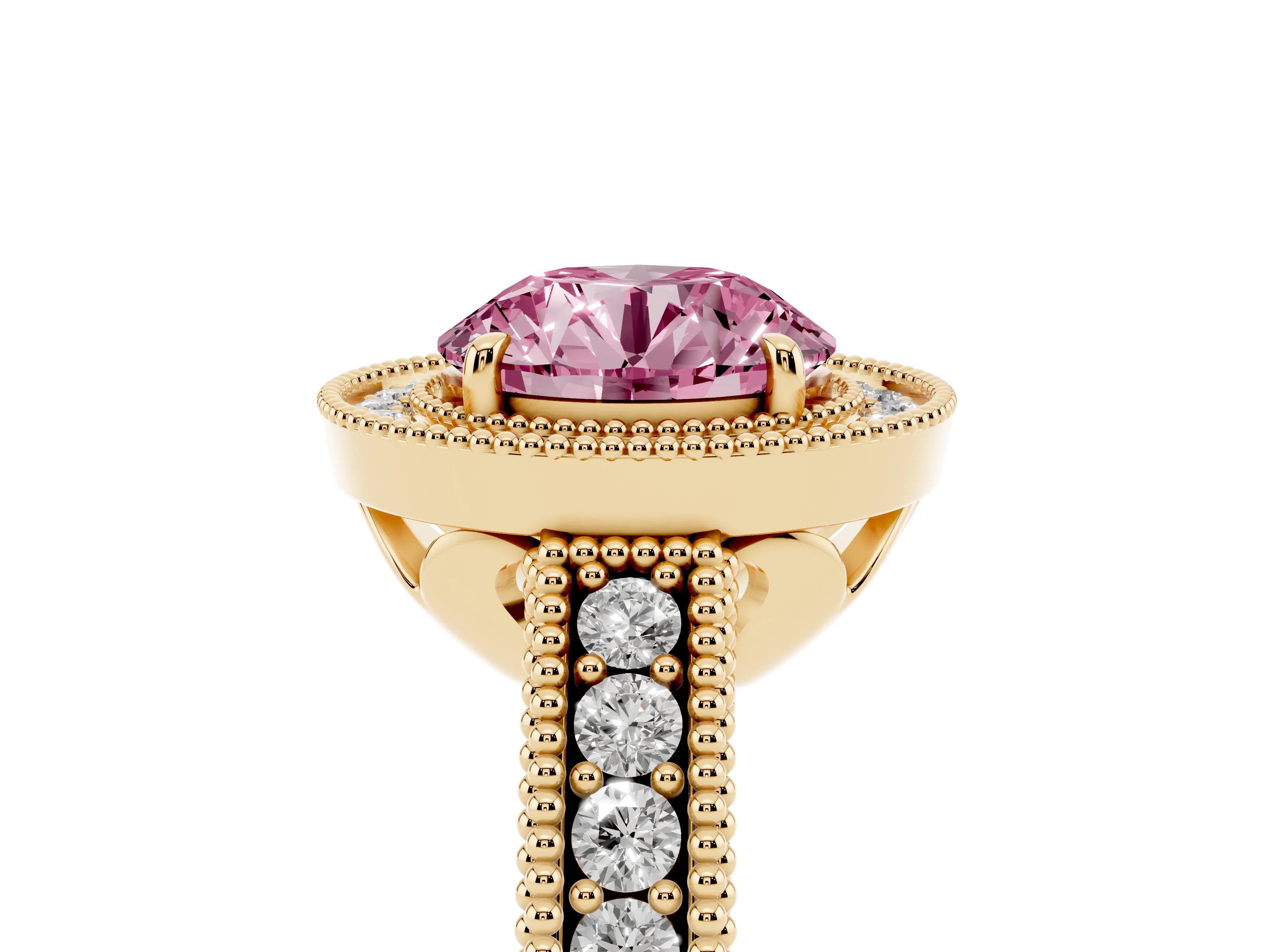 Fancy Pink Round Cut Diamond Halo Ring Set in Yellow gold with Round Accent Halo, Pavé Band and Prong Setting