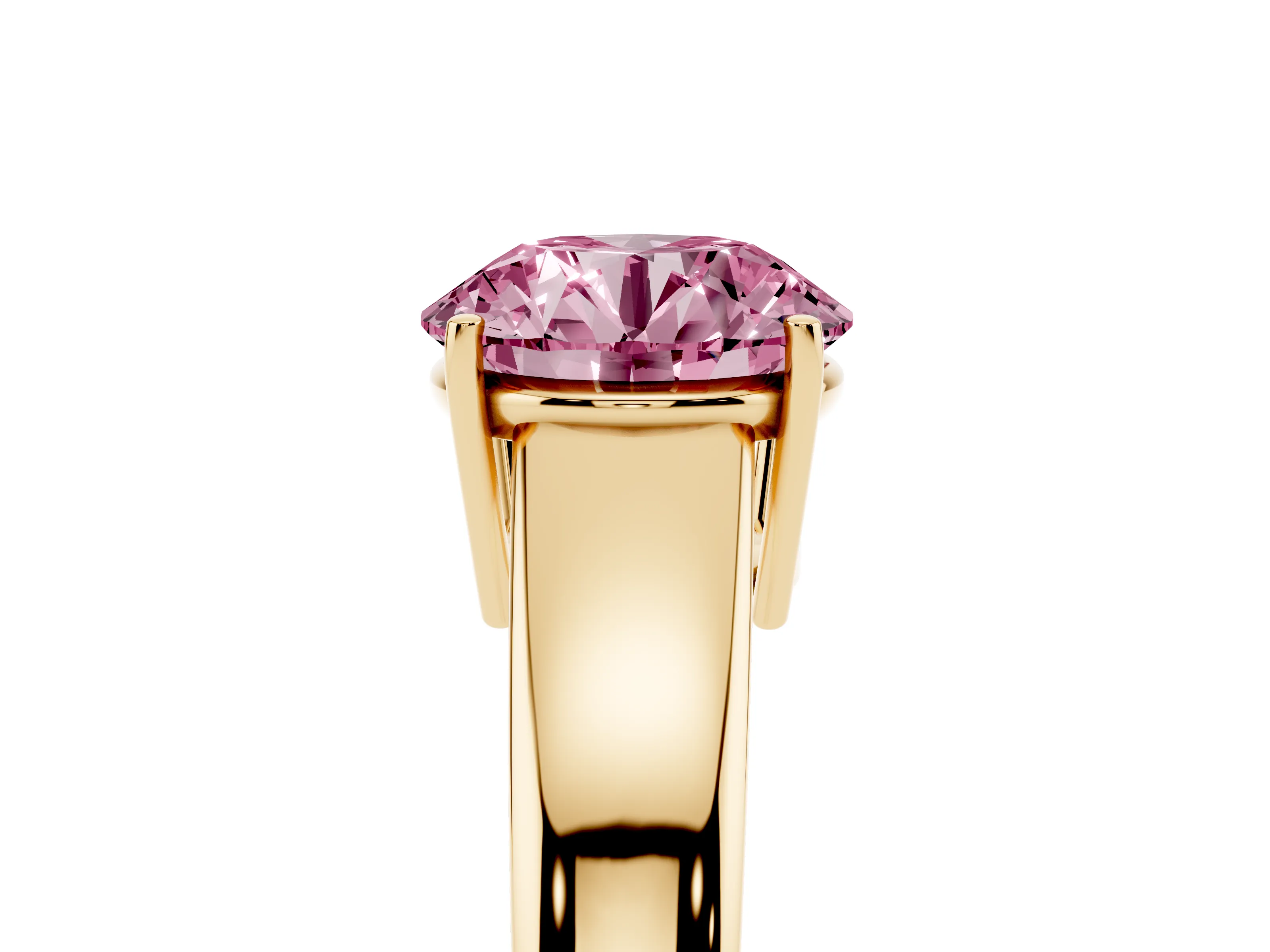 Fancy Pink Round Cut Diamond Solitaire Ring Set in Yellow gold with Tapered Band and Prong Setting