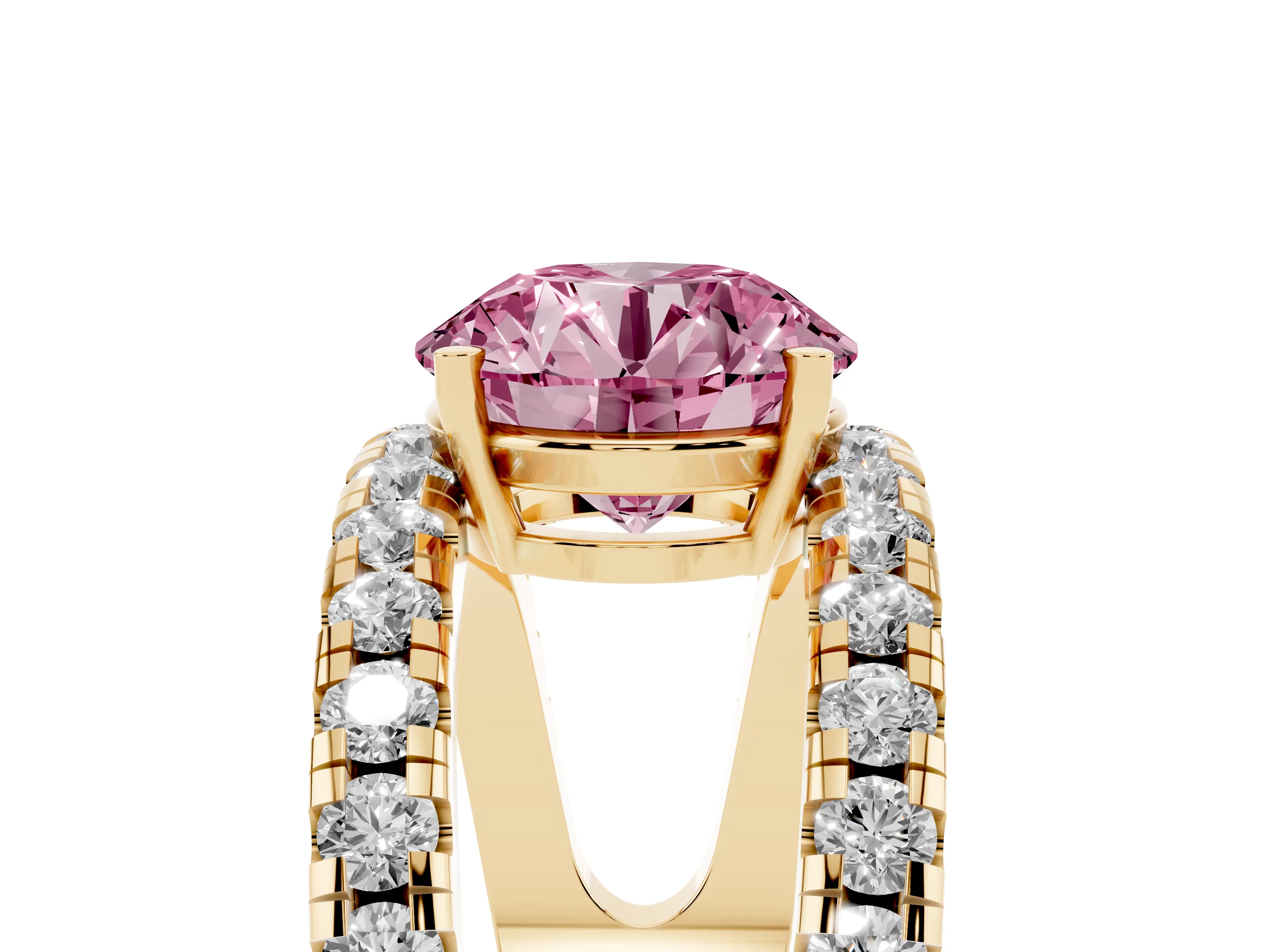 Fancy Pink Round Cut Diamond Split Shank Pavé Solitaire Ring Set in Yellow gold with Open Shank Design