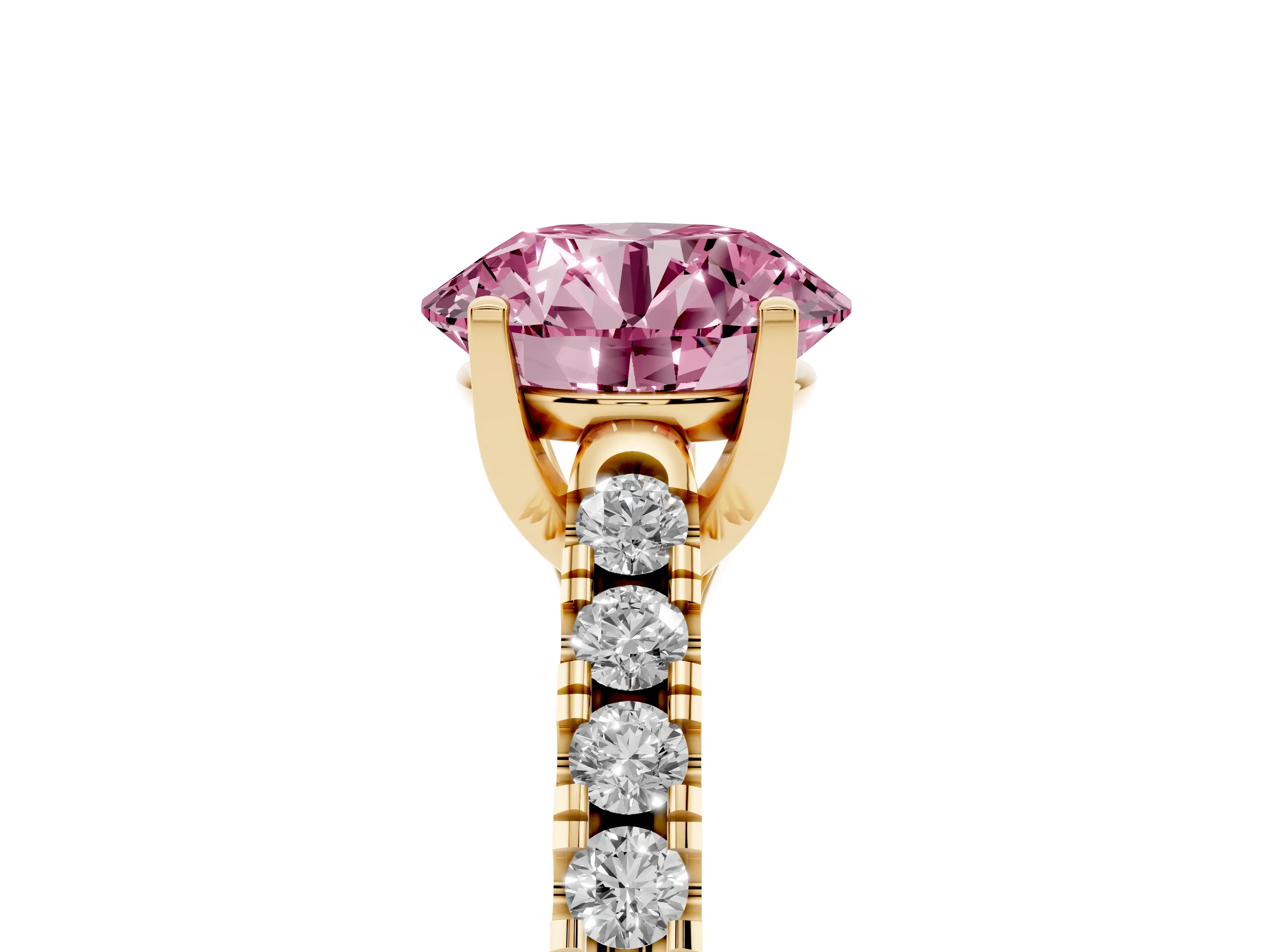 Fancy Pink Round Cut Diamond Pavé Band Solitaire Ring Set in Yellow gold with Partway Accent Stones and Prong Setting