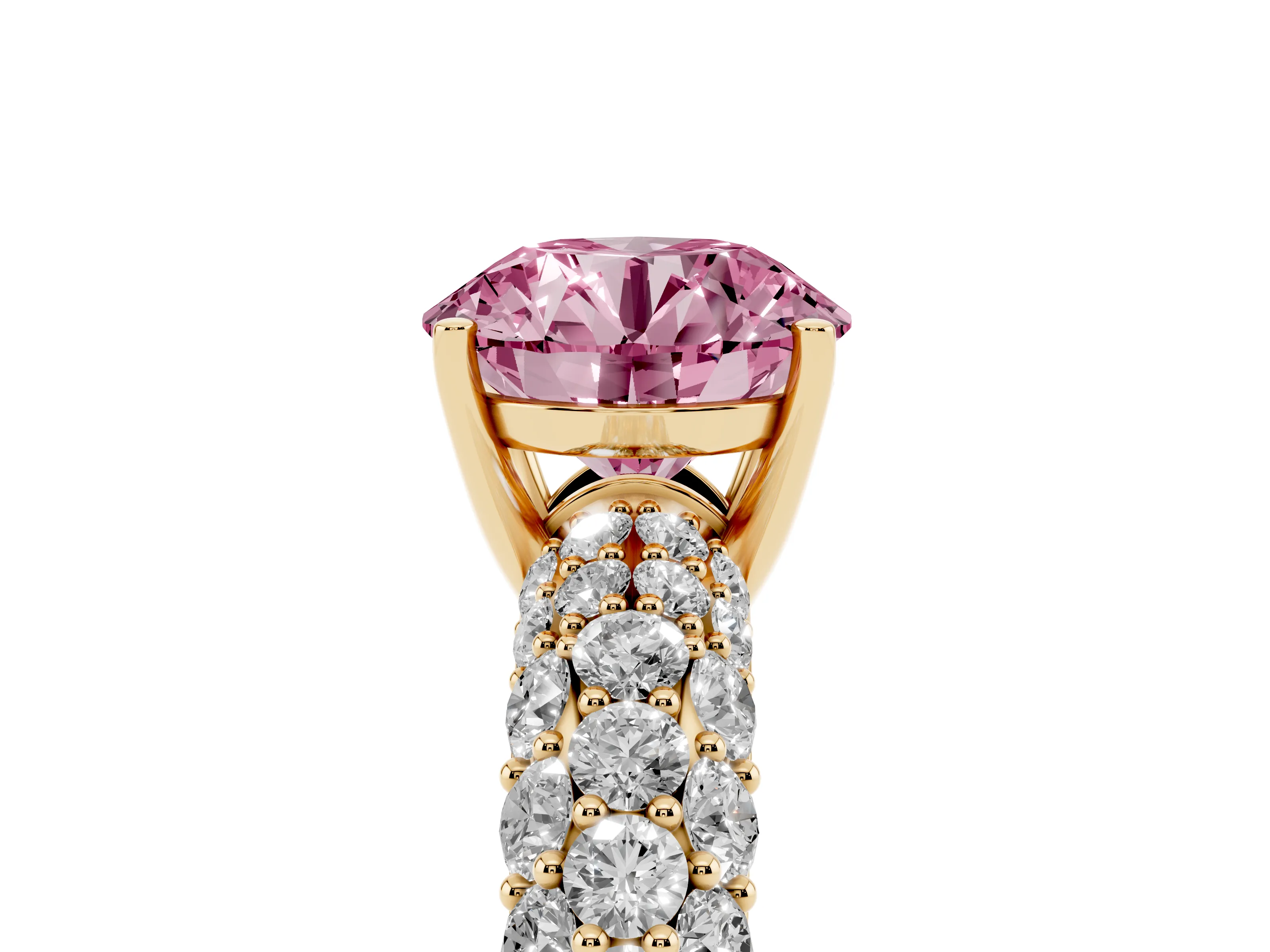 Fancy Pink Round Cut Diamond Pavé Band Solitaire Ring Set in Yellow gold with Close-Set Accent Stones and Prong Setting