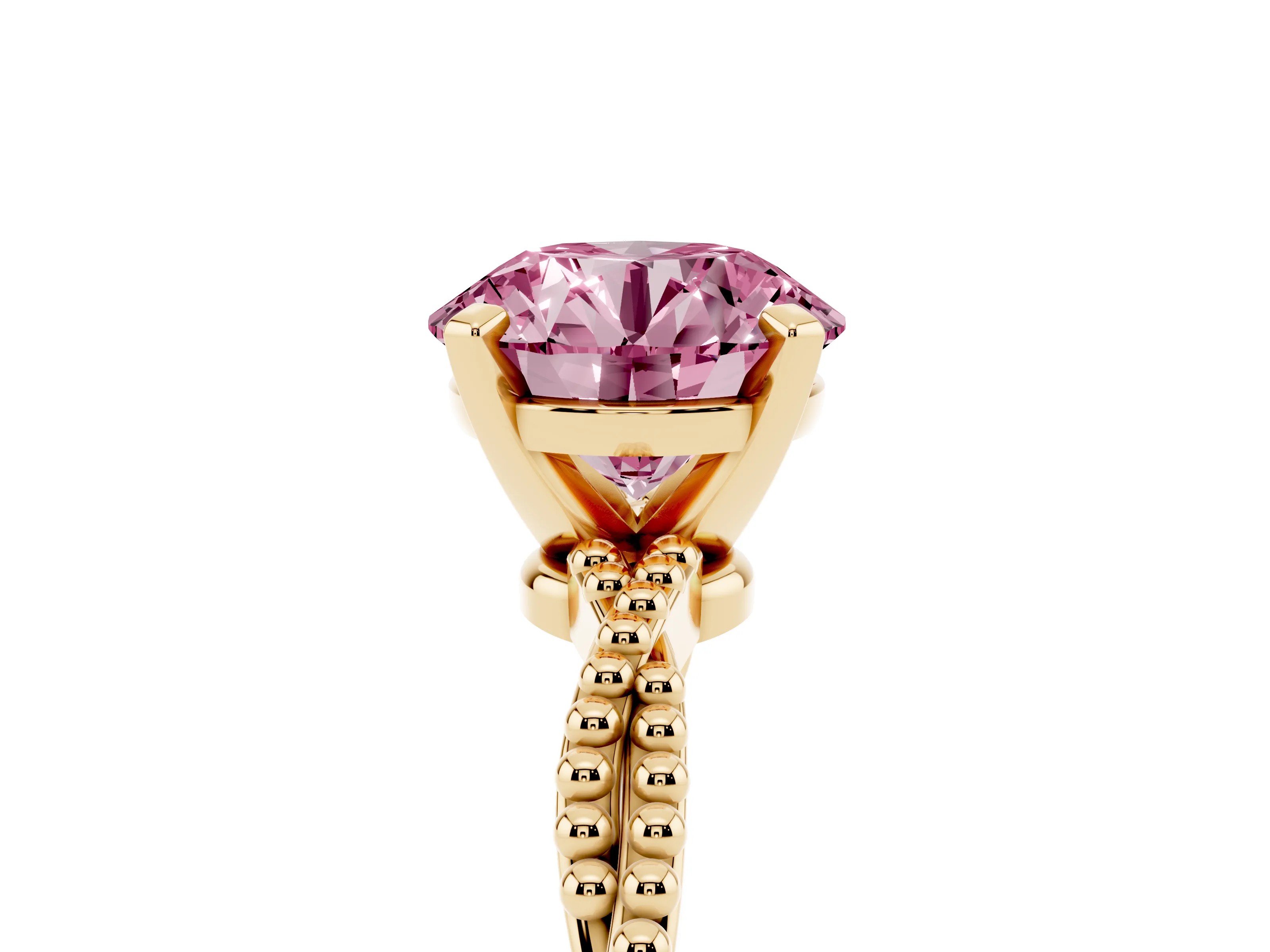 Fancy Pink Round Cut Diamond Solitaire Ring Set in Yellow gold with Twisted Band and Bead Prong Setting