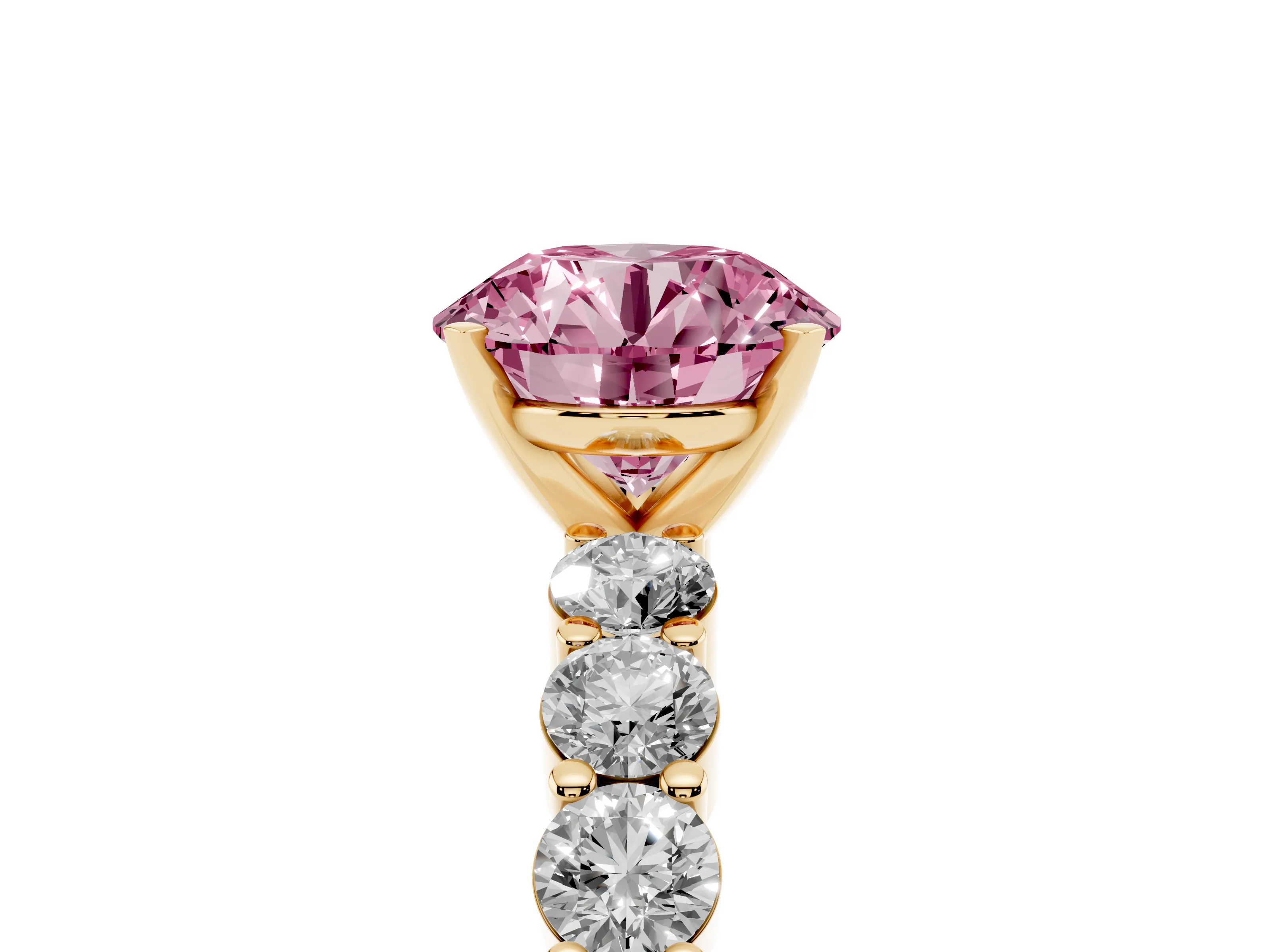 Fancy Pink Round Cut Diamond Solitaire Ring Set in Yellow gold with Shared Prong Round Side Stones