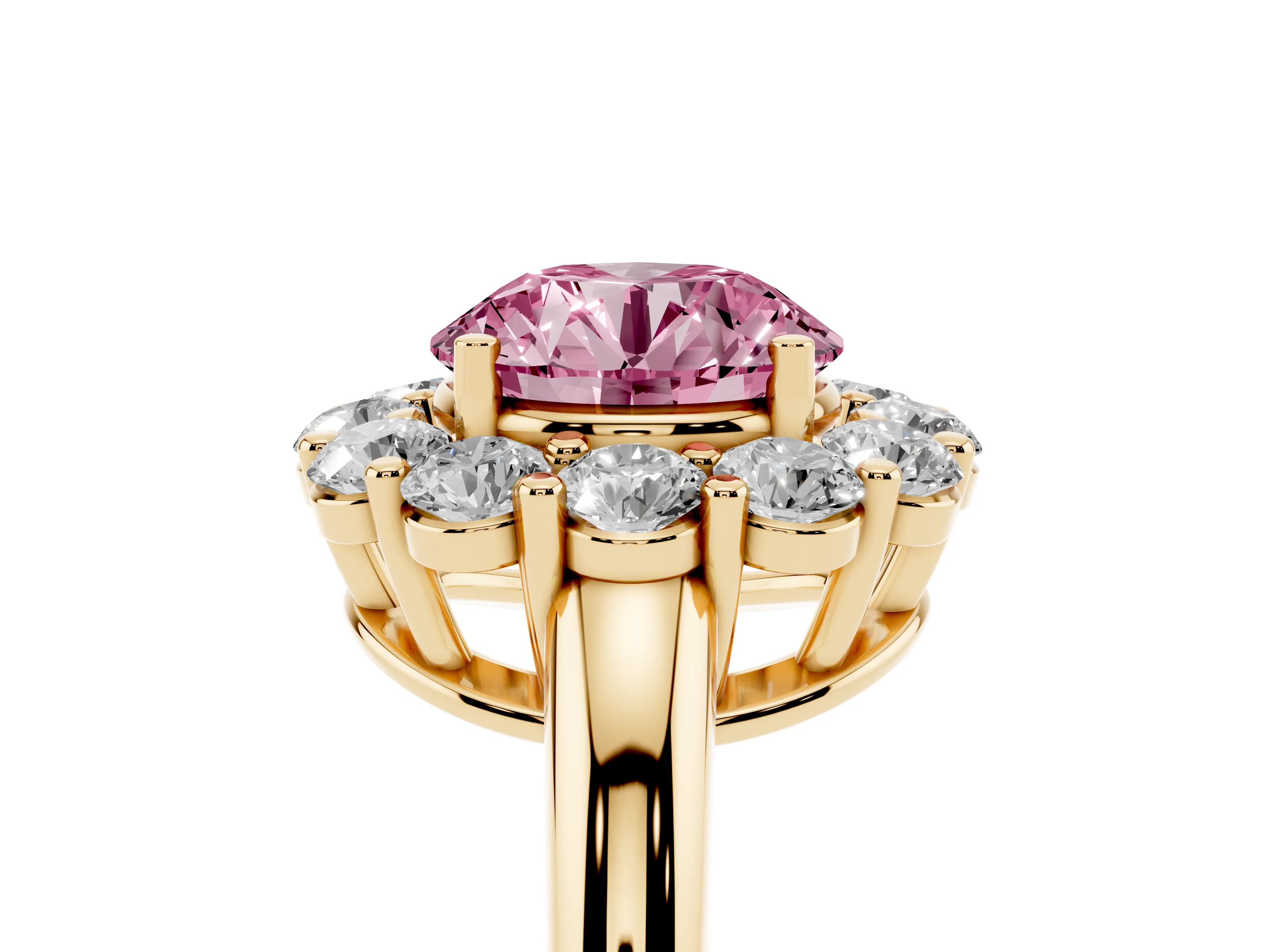 Fancy Pink Round Cut Diamond Halo Cluster Engagement Ring Set in Yellow gold with Polished Band and Prong Setting