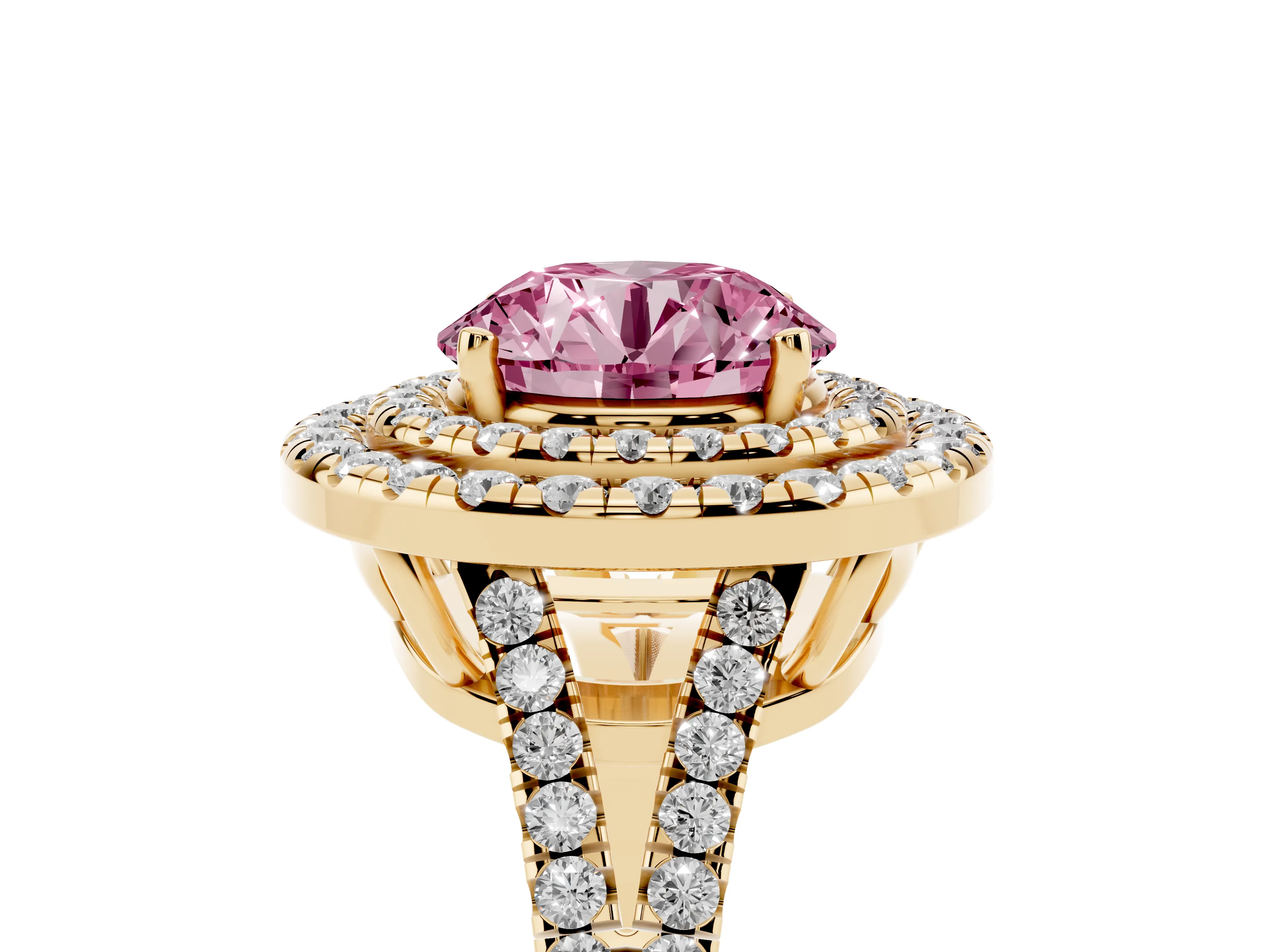 Fancy Pink Round Cut Diamond Double Halo Ring Set in Yellow gold with Pavé Band