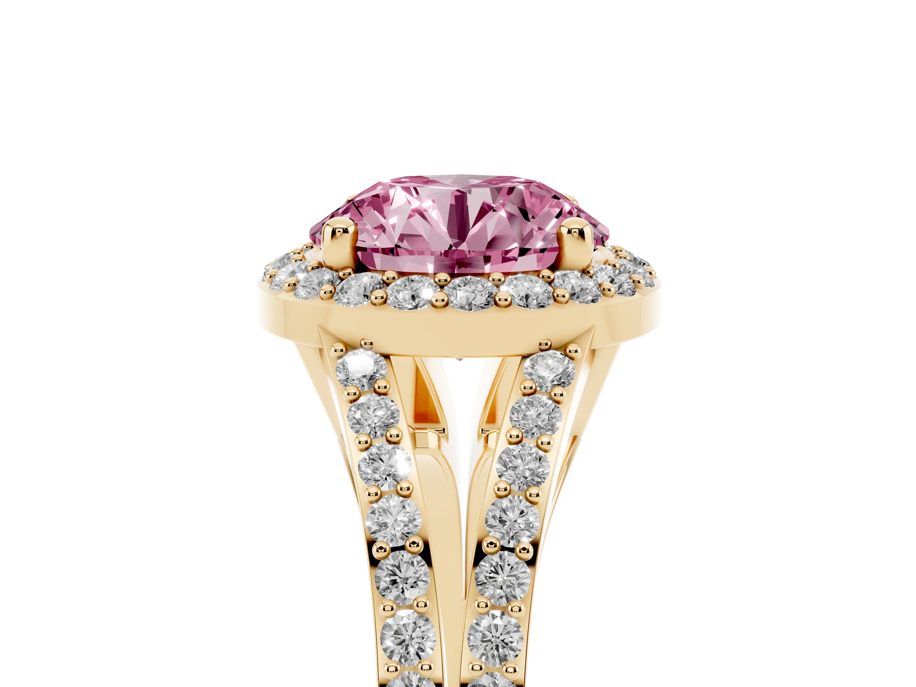 Fancy Pink Round Cut Diamond Halo Split Shank Pavé Ring Set in Yellow gold with Prong Setting