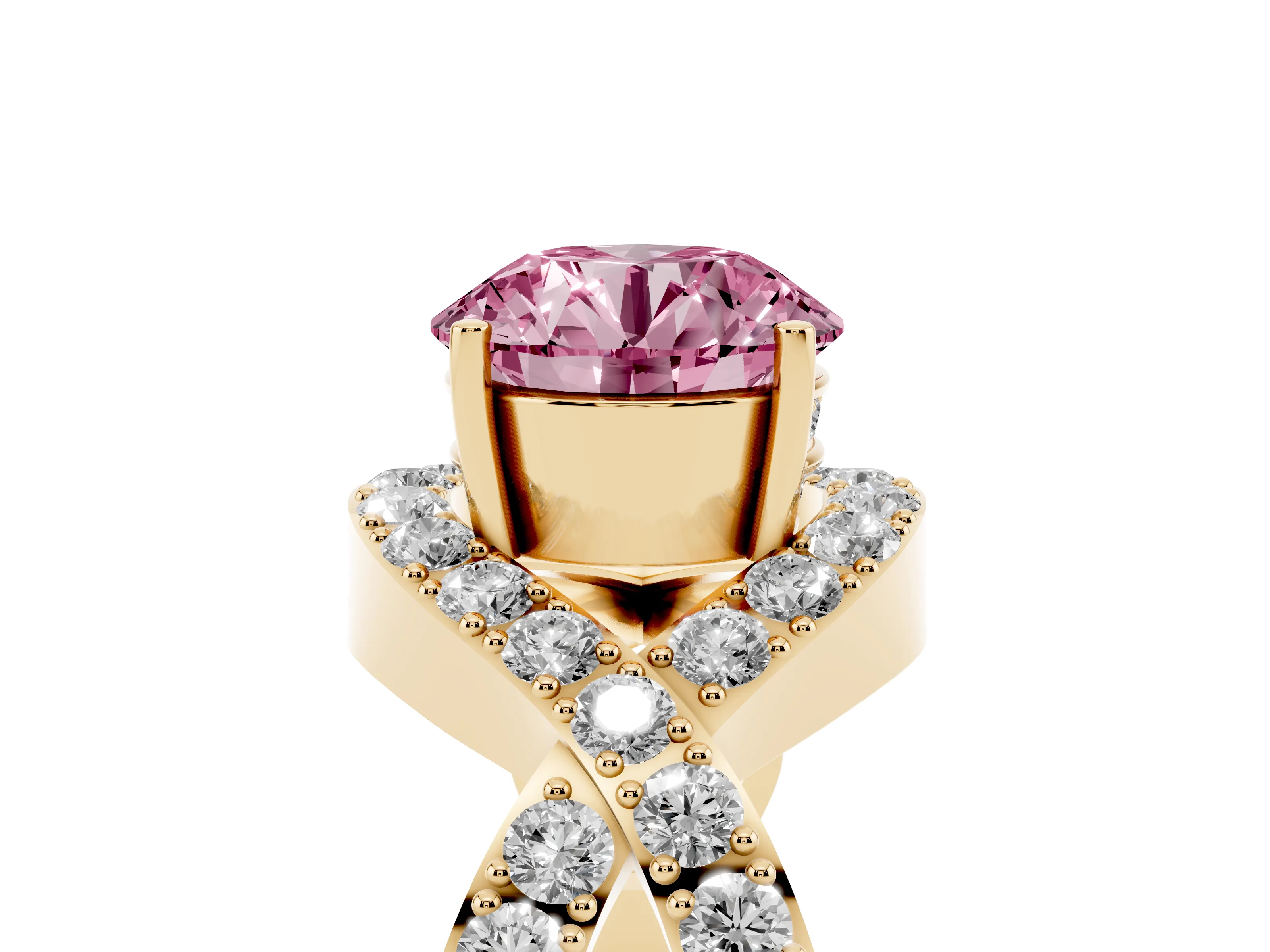 Fancy Pink Round Cut Diamond Solitaire Twist Band Pavé Engagement Ring Set in Yellow gold