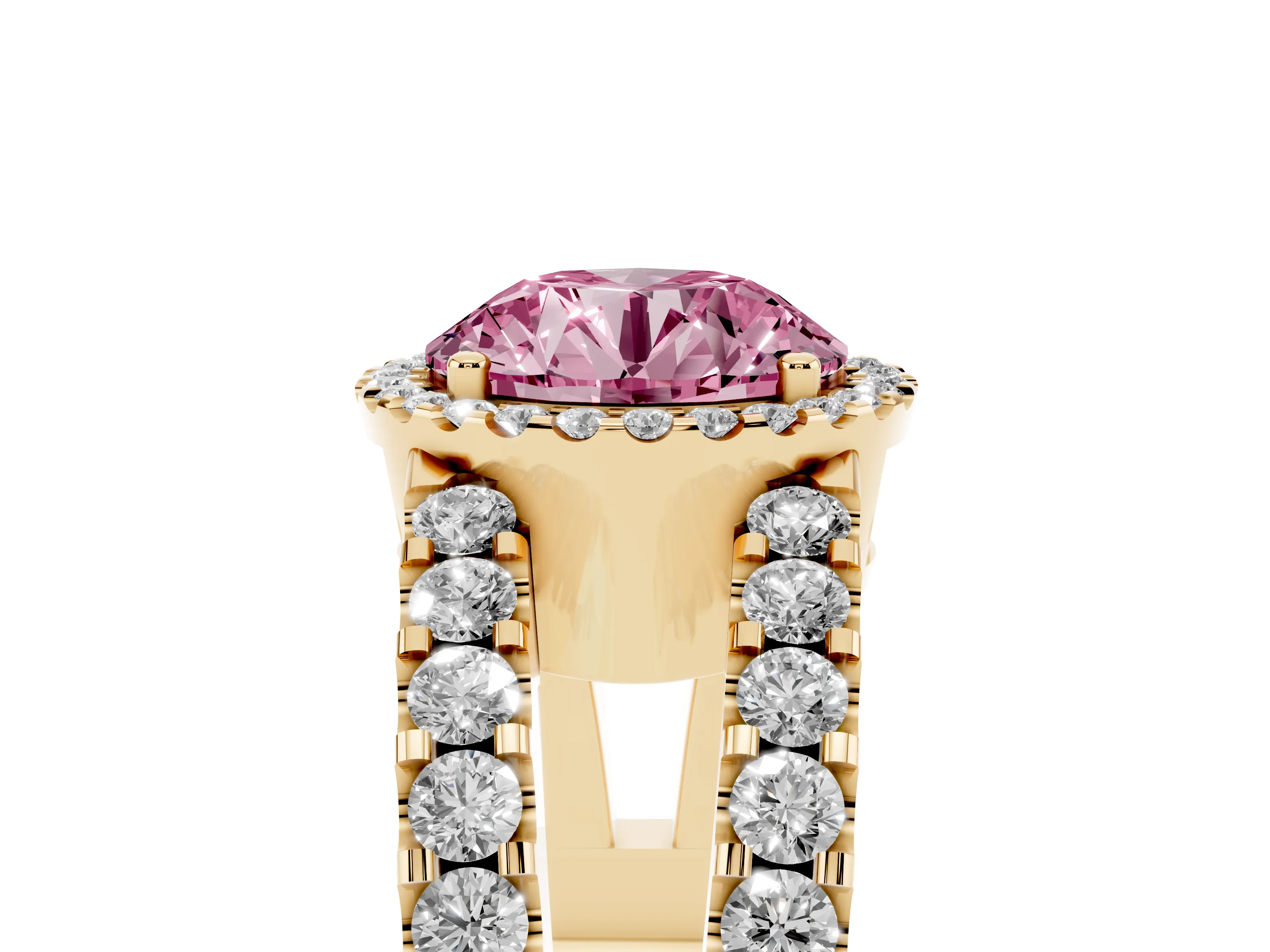 Fancy Pink Round Cut Diamond Halo Ring Set in Yellow gold with Pavé Split Shank and Prong Setting