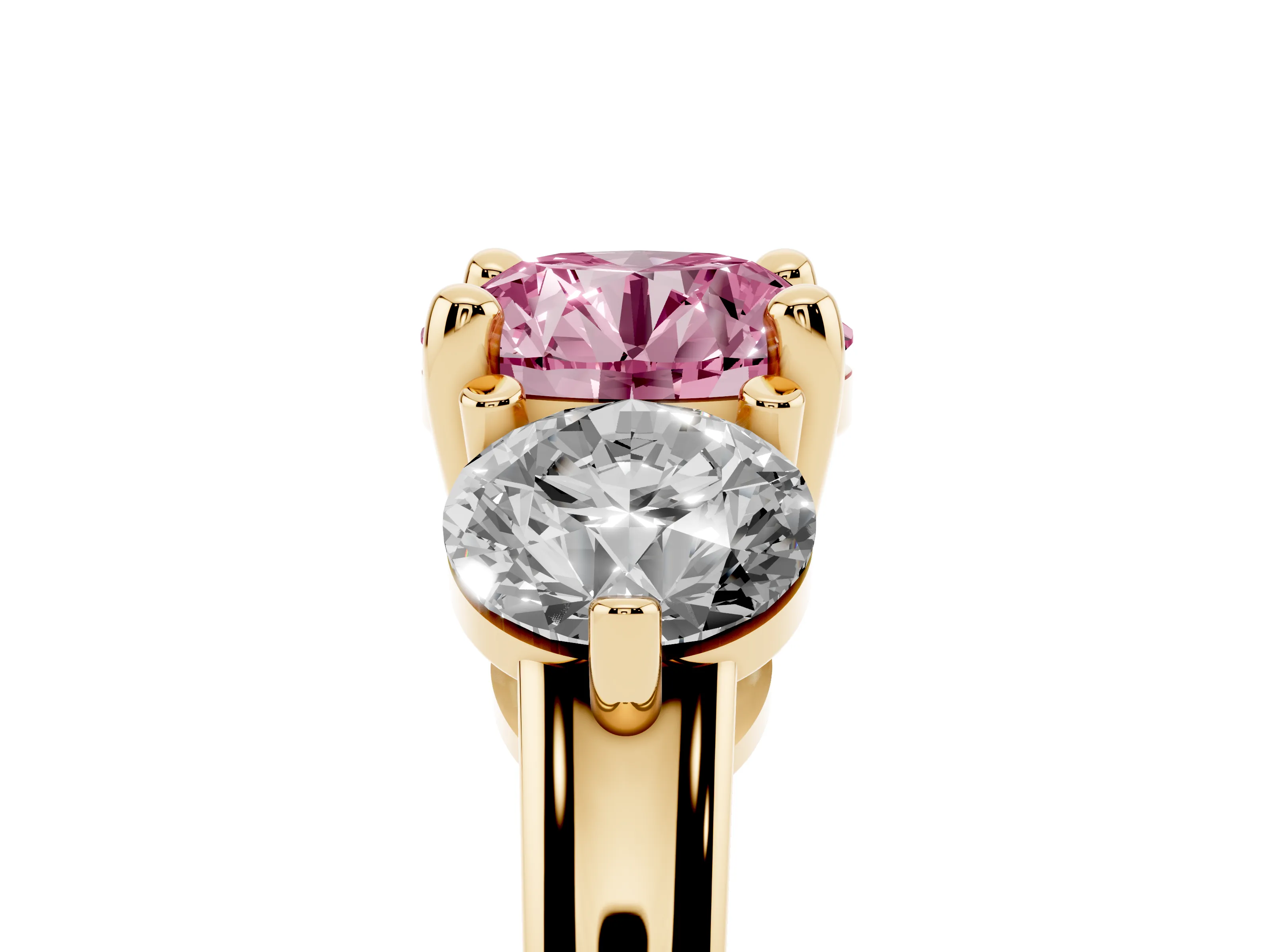 Fancy Pink Round Cut Diamond Three-Stone Ring Set in Yellow gold with Prong Setting and Classic Band