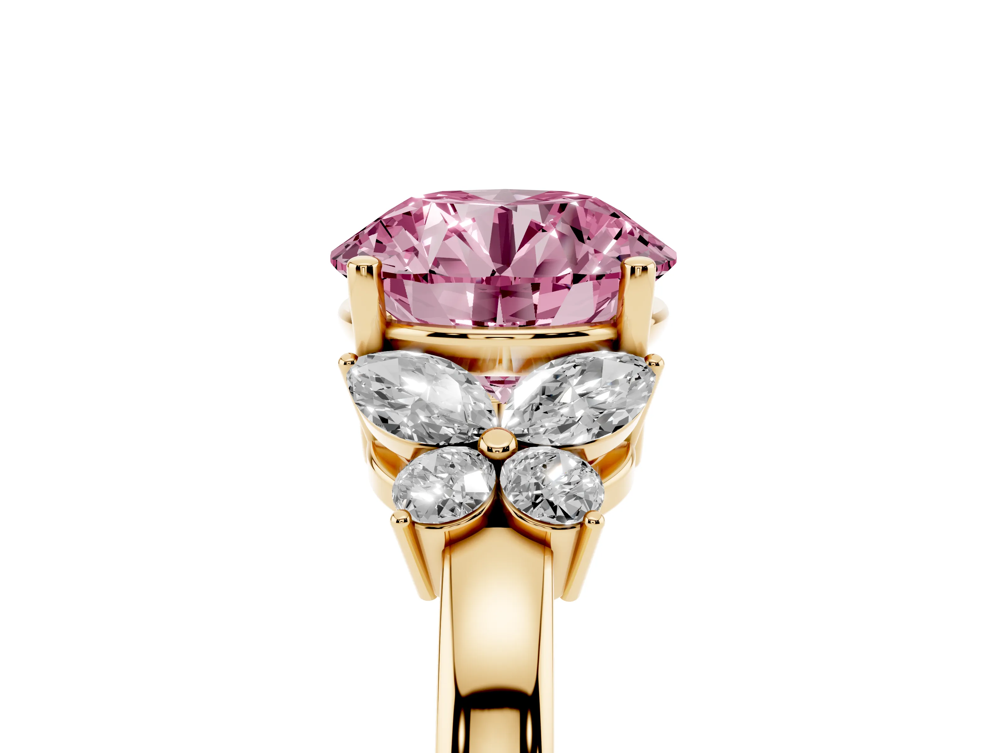 Fancy Pink Round Cut Diamond Solitaire Floral Ring Set in Yellow gold with Marquise Petals and Prong Setting