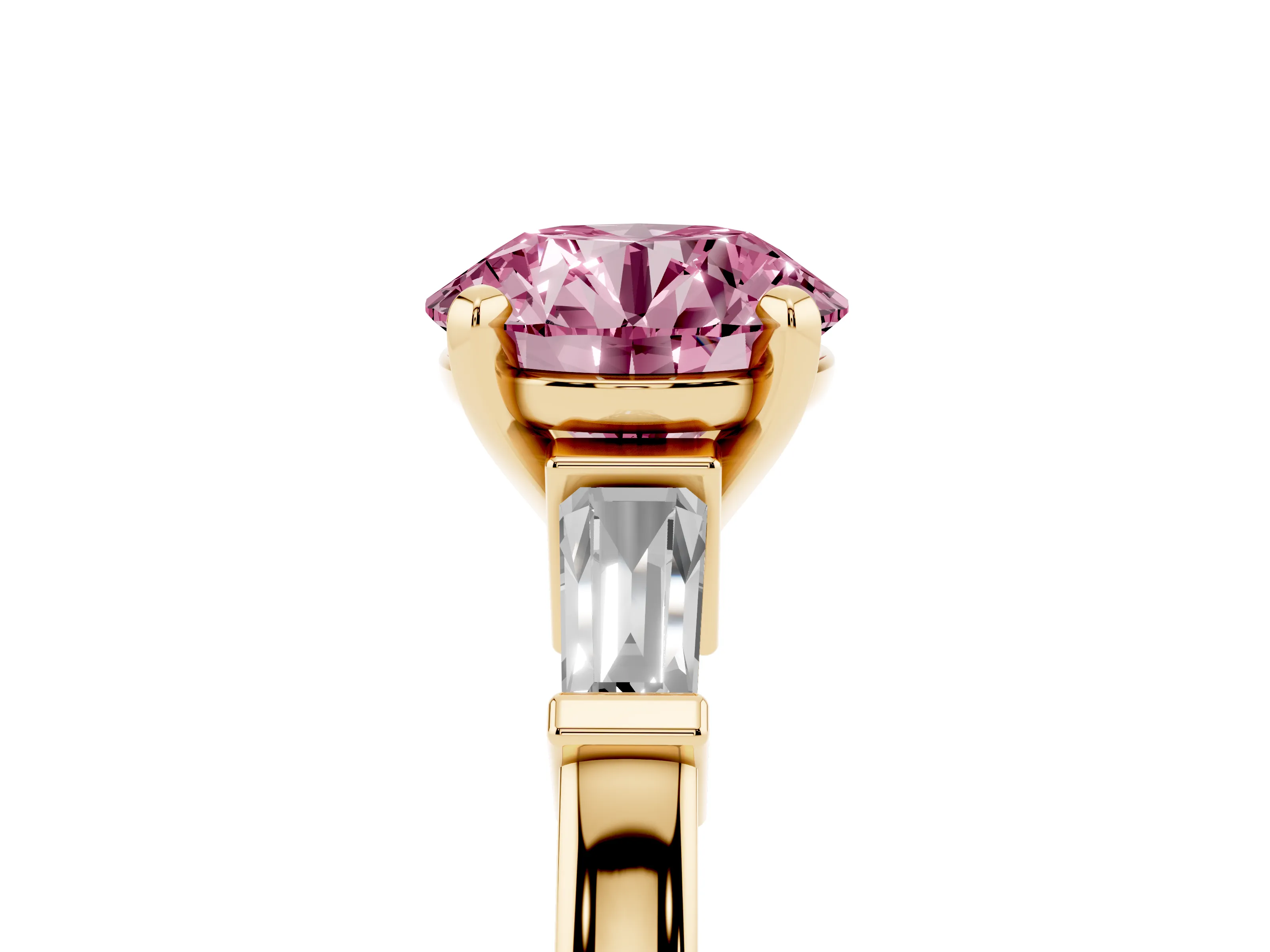 Fancy Pink Round Cut Diamond Solitaire Ring Set in Yellow gold with Tapered Baguette Accents and Prong Setting