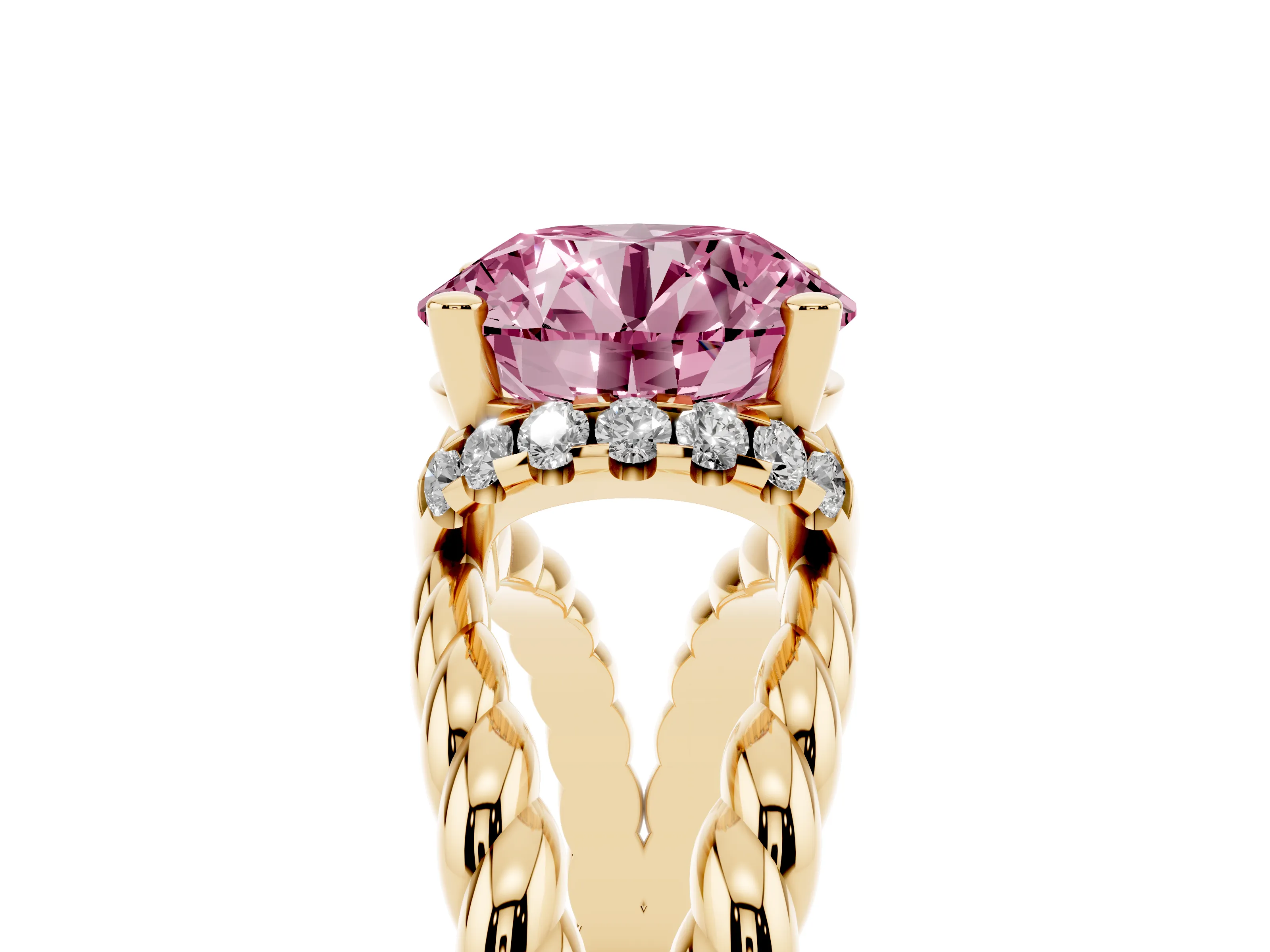 Fancy Pink Round Cut Diamond Halo Ring Set in Yellow gold with Twisted Band and Prong Setting