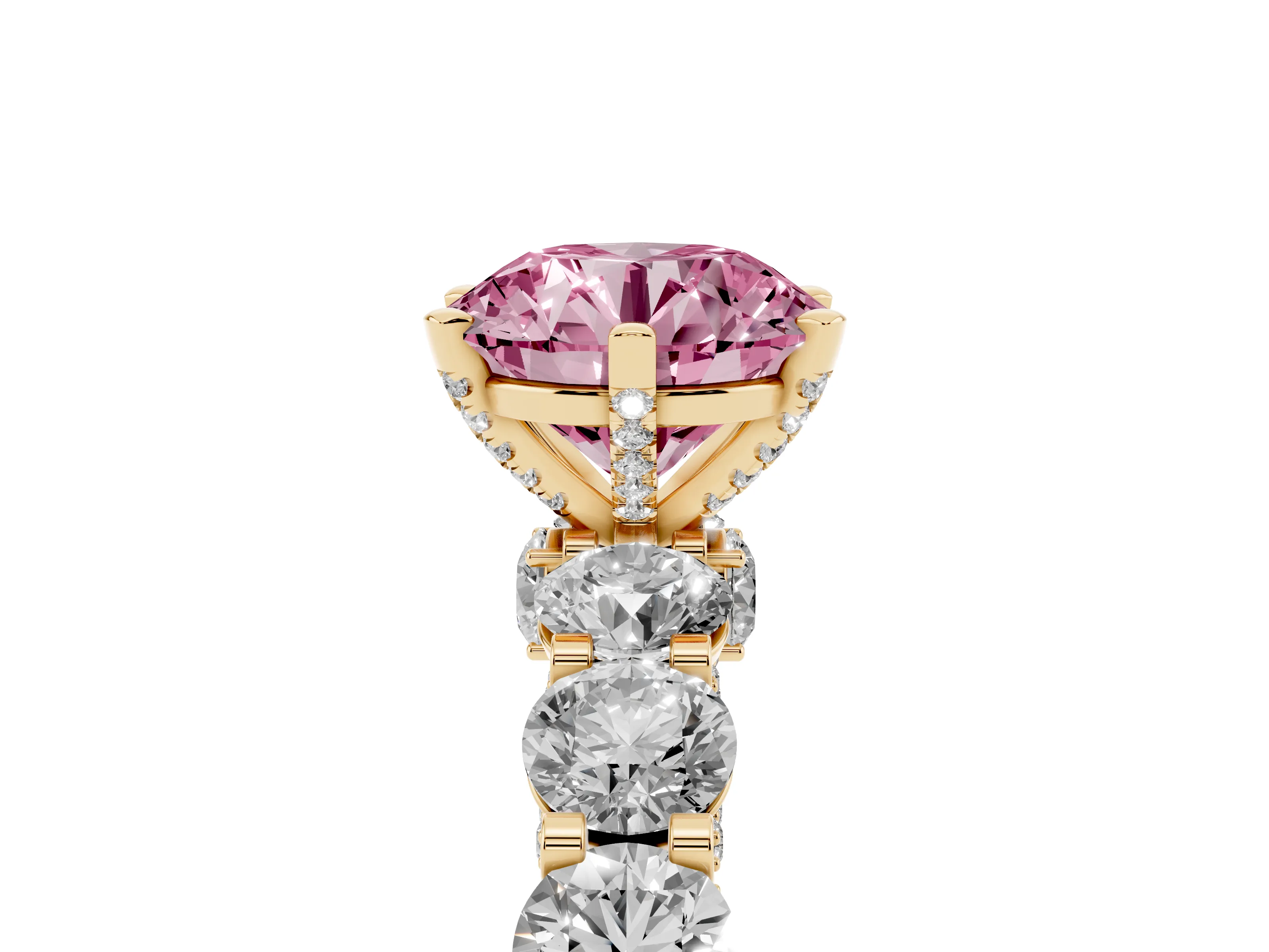 Fancy Pink Round Cut Diamond Side Stone Ring Set in Yellow gold with Alternating Round and Oval Side Stones