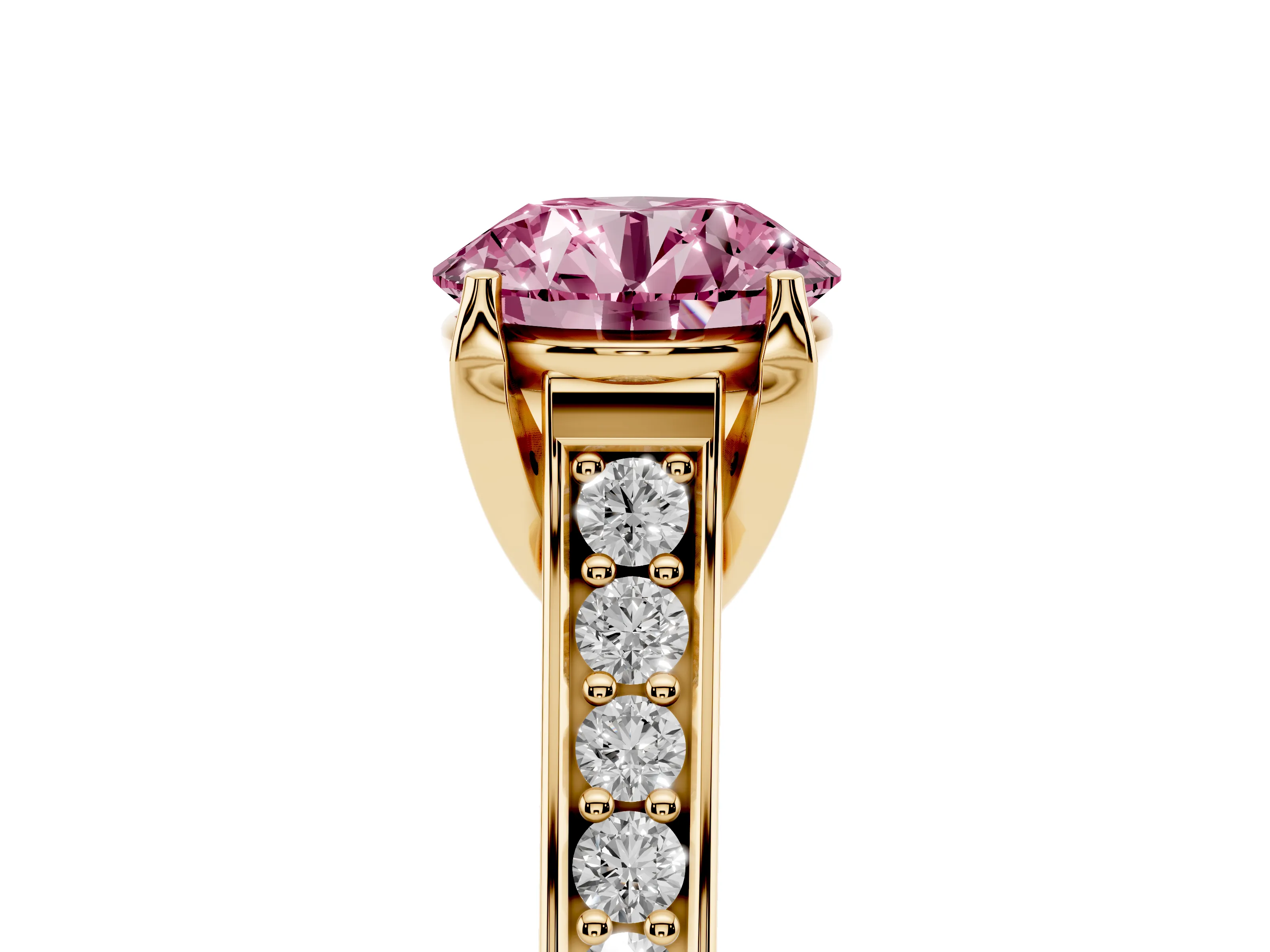 Fancy Pink Round Cut Diamond Solitaire Pavé Engagement Ring Set in Yellow gold with Prong Setting