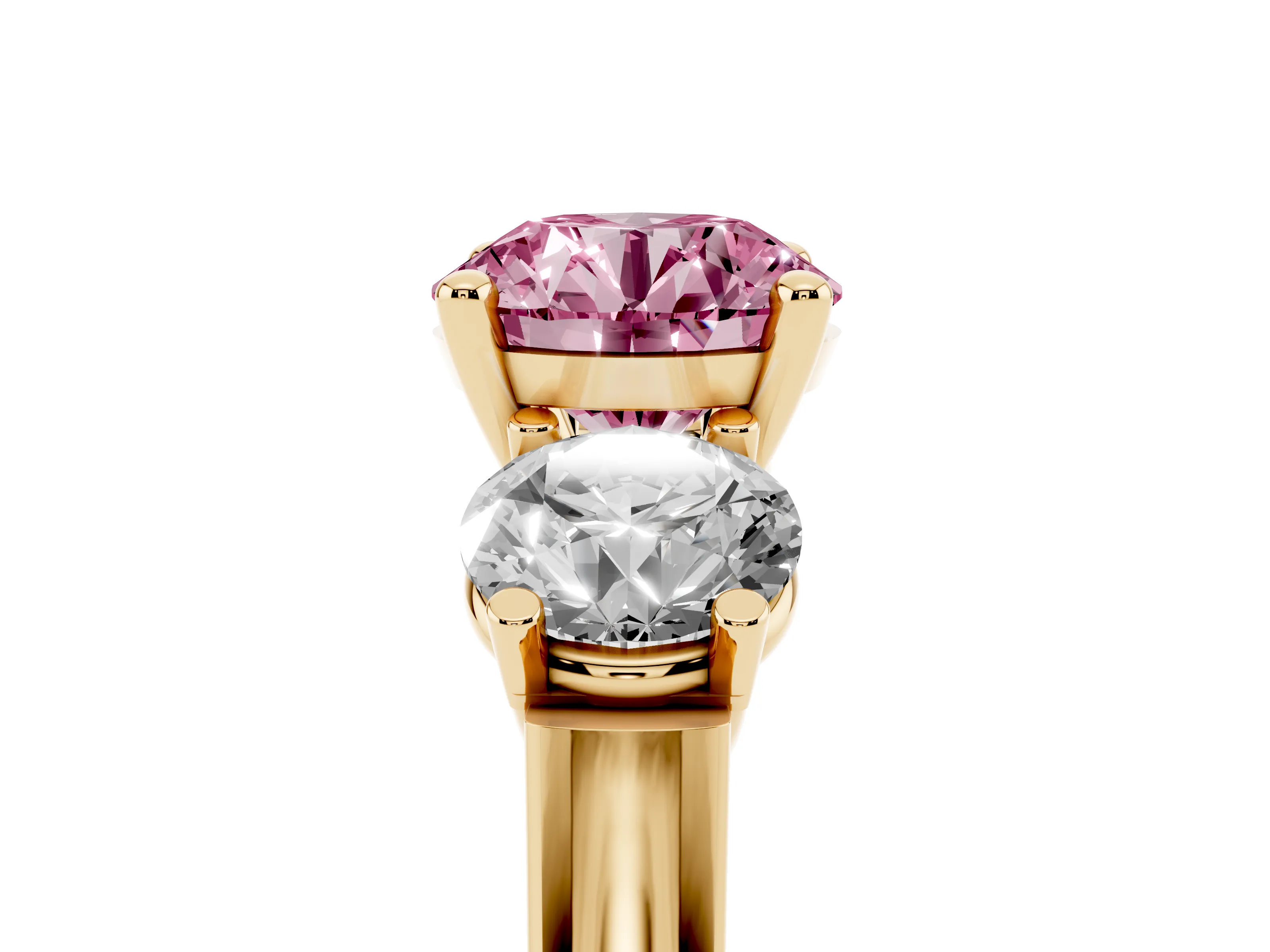 Fancy Pink Round Cut Diamond Three-Stone Trellis Ring Set in Yellow gold with Comfort Fit Band