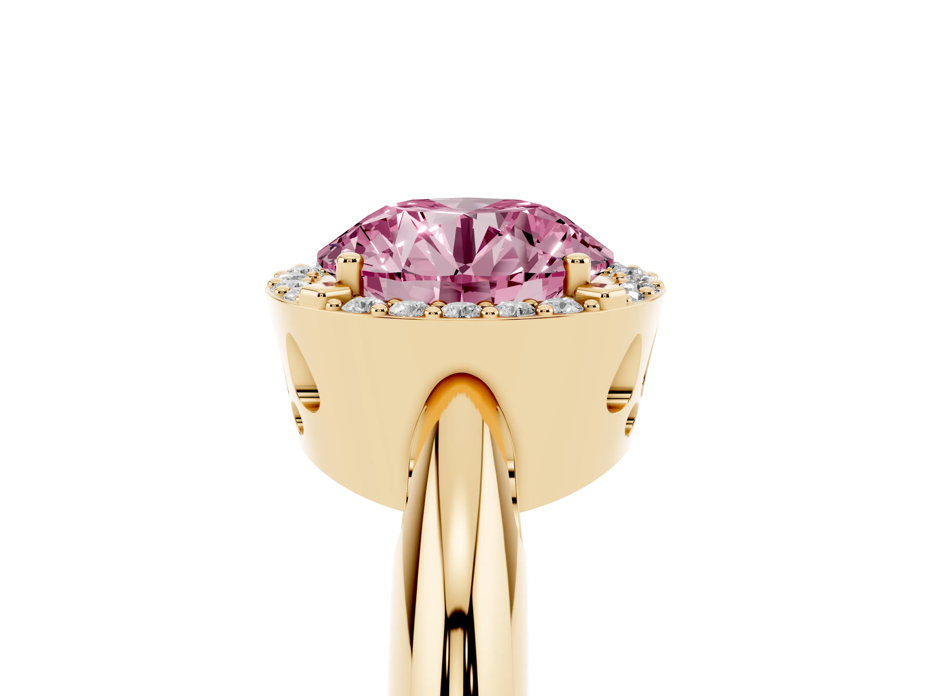 Fancy Pink Round Cut Diamond Halo Engagement Ring Set in Yellow gold with Plain Split Shank and Prong Setting
