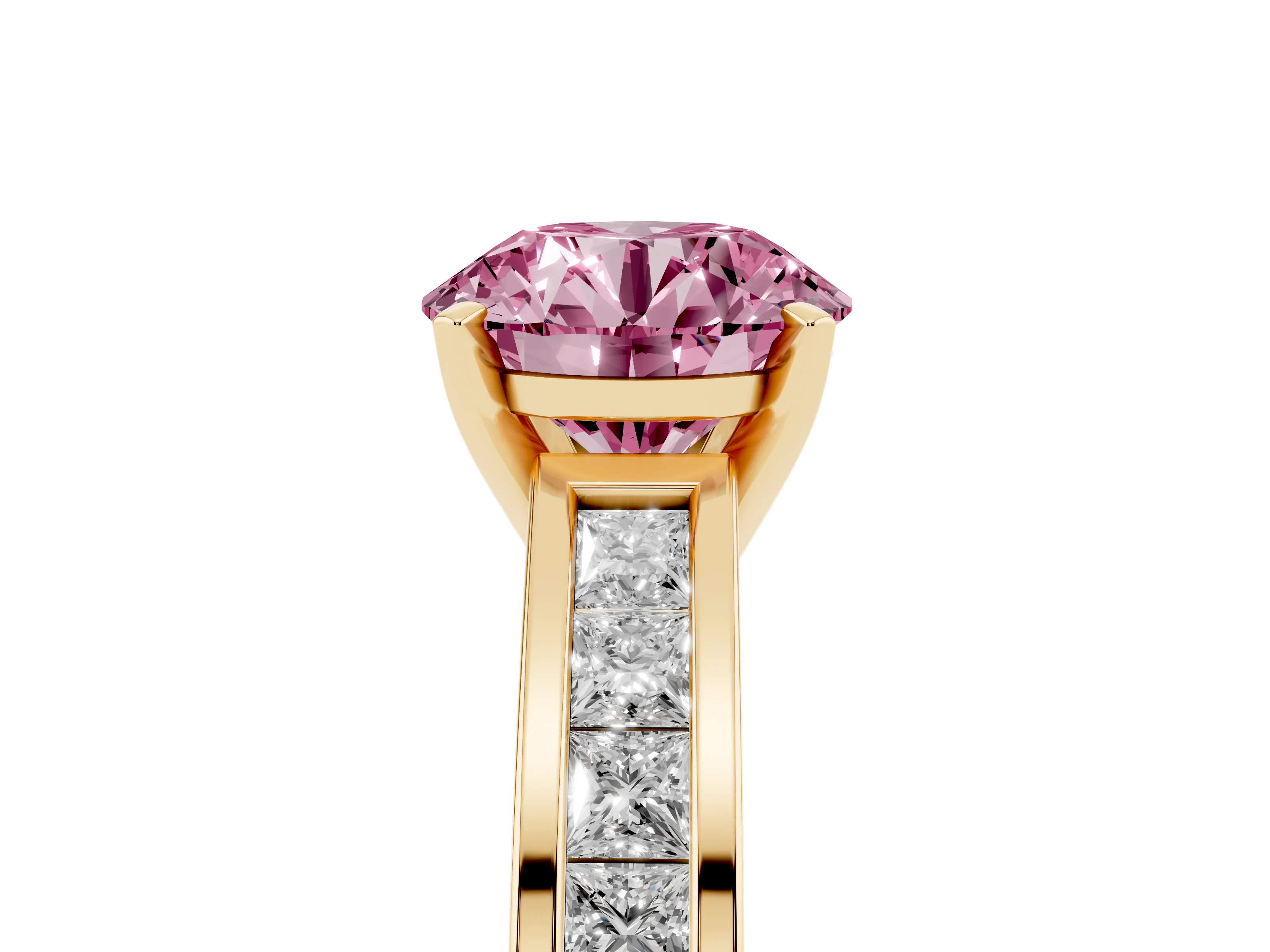 Fancy Pink Round Cut Diamond Solitaire Ring Set in Yellow gold with Channel-Set Band and Prong Setting